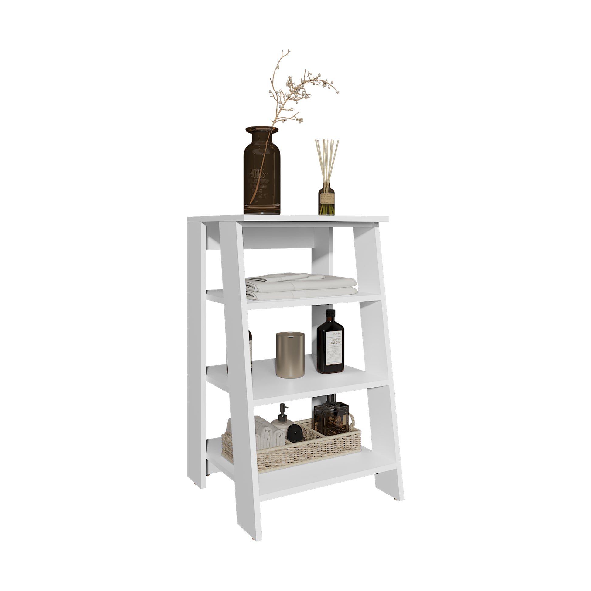 Bathbi 30" High 4 Tier Ladder Shelf Organizer For Bathroom, Side Table, Living Room In White White Particle Board