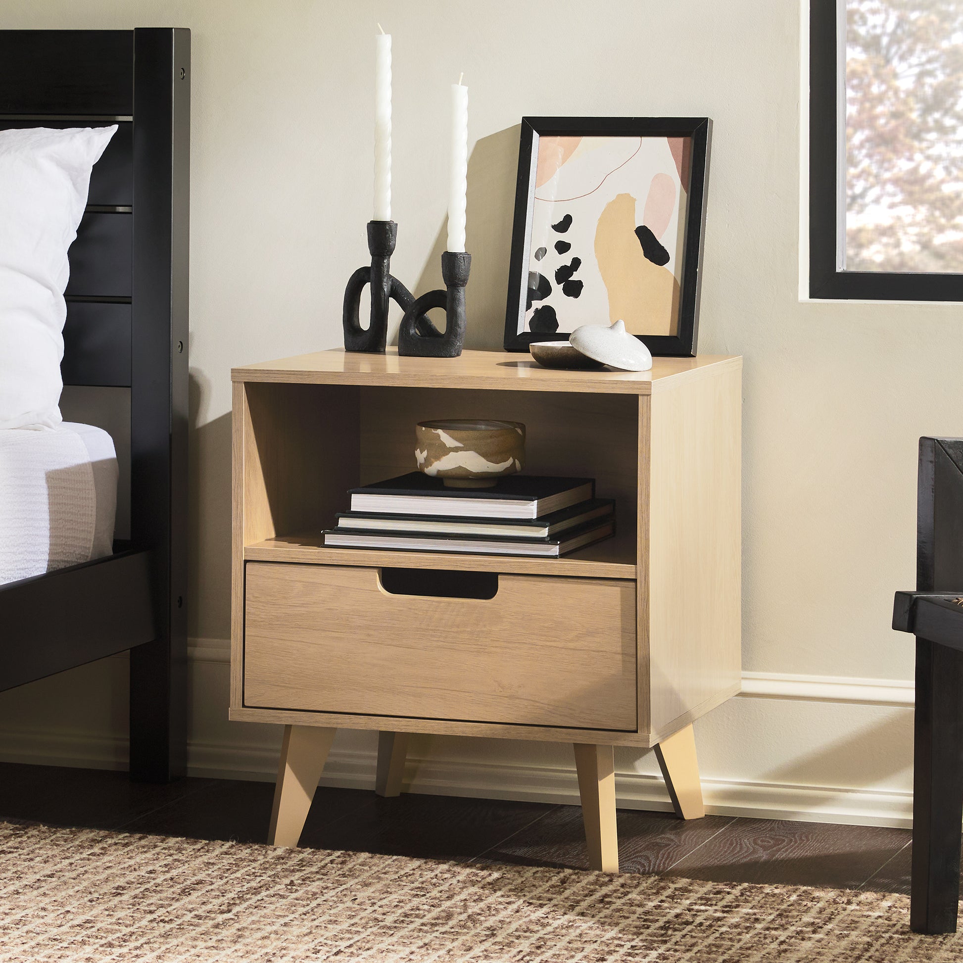 Modern 1 Drawer Nightstand With Open Cubby Riviera Brown Mdf Mdf