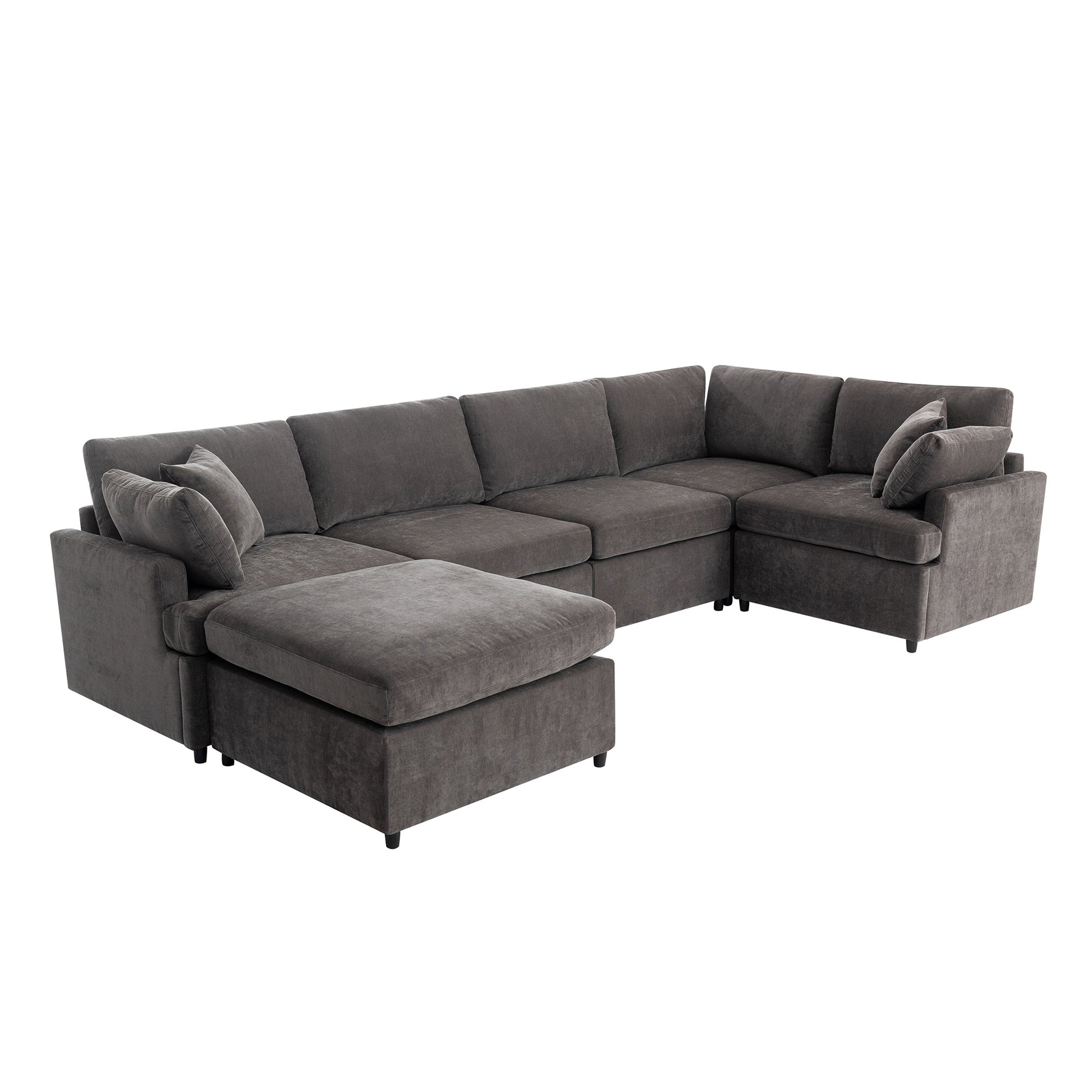 Modern Large U Shape Sectional Sofa, With Removable Ottomans For Living Room 6 Seater Gray Polyester 6 Seat