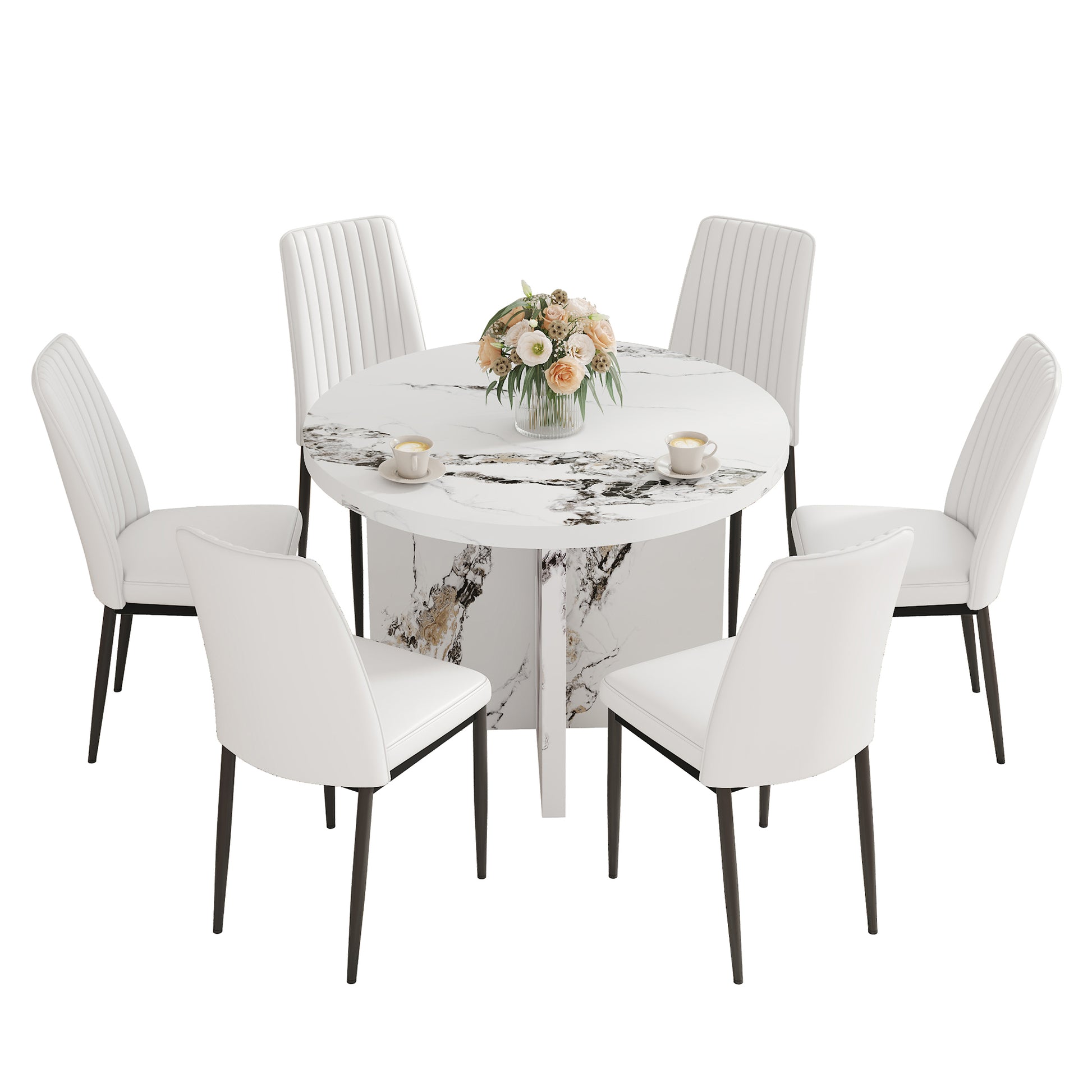 7 Piece Round Dining Table Set, 42 Inch Modern Round Table And 6 Upholstered Chairs For Dining Room, Kitchen Room, Living Room, Easy Assembly Metal White 42 Inches Modern Pedestal Round Mdf Mdf