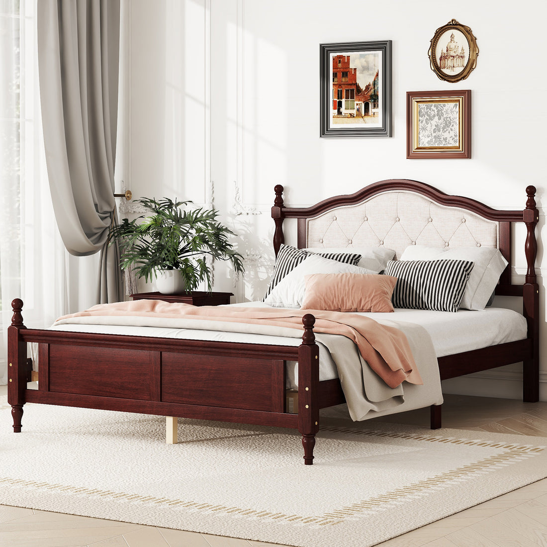 Queen Pine Wooden Bed With Upholstered Headboard And Panel Footboard, With Two Bed Rail Support Feet And Central Platform Support Feet ,Classic Cherry Queen Cherry Pine
