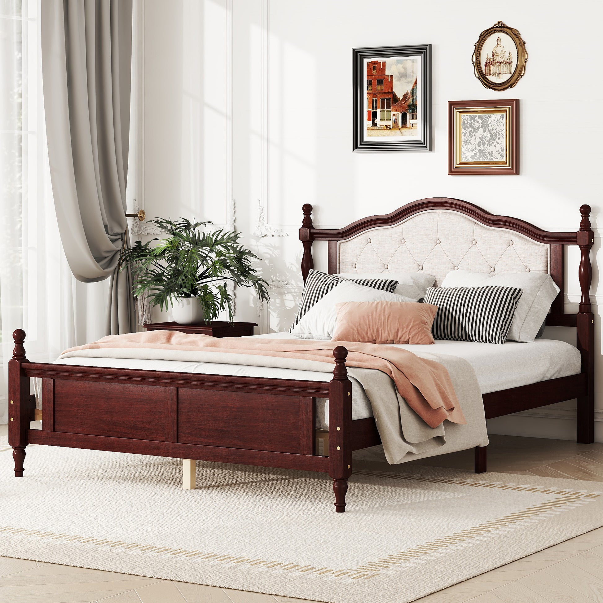 Queen Pine Wooden Bed With Upholstered Headboard And Panel Footboard, With Two Bed Rail Support Feet And Central Platform Support Feet ,Classic Cherry Queen Cherry Pine