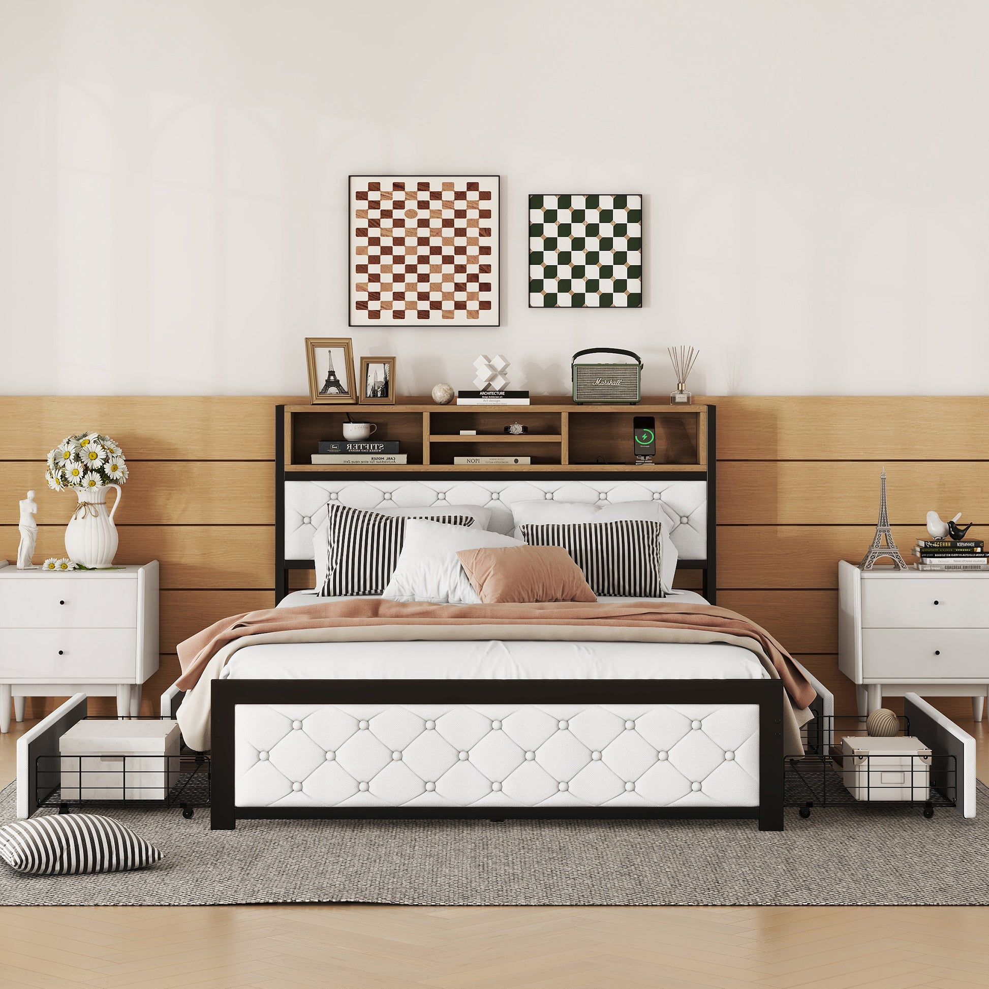 Metal Full Size Platform Bed With 4 Drawers, Upholstered Headboard And Footboard, Sockets And Usb Ports, White Full White Black Fabric Metal