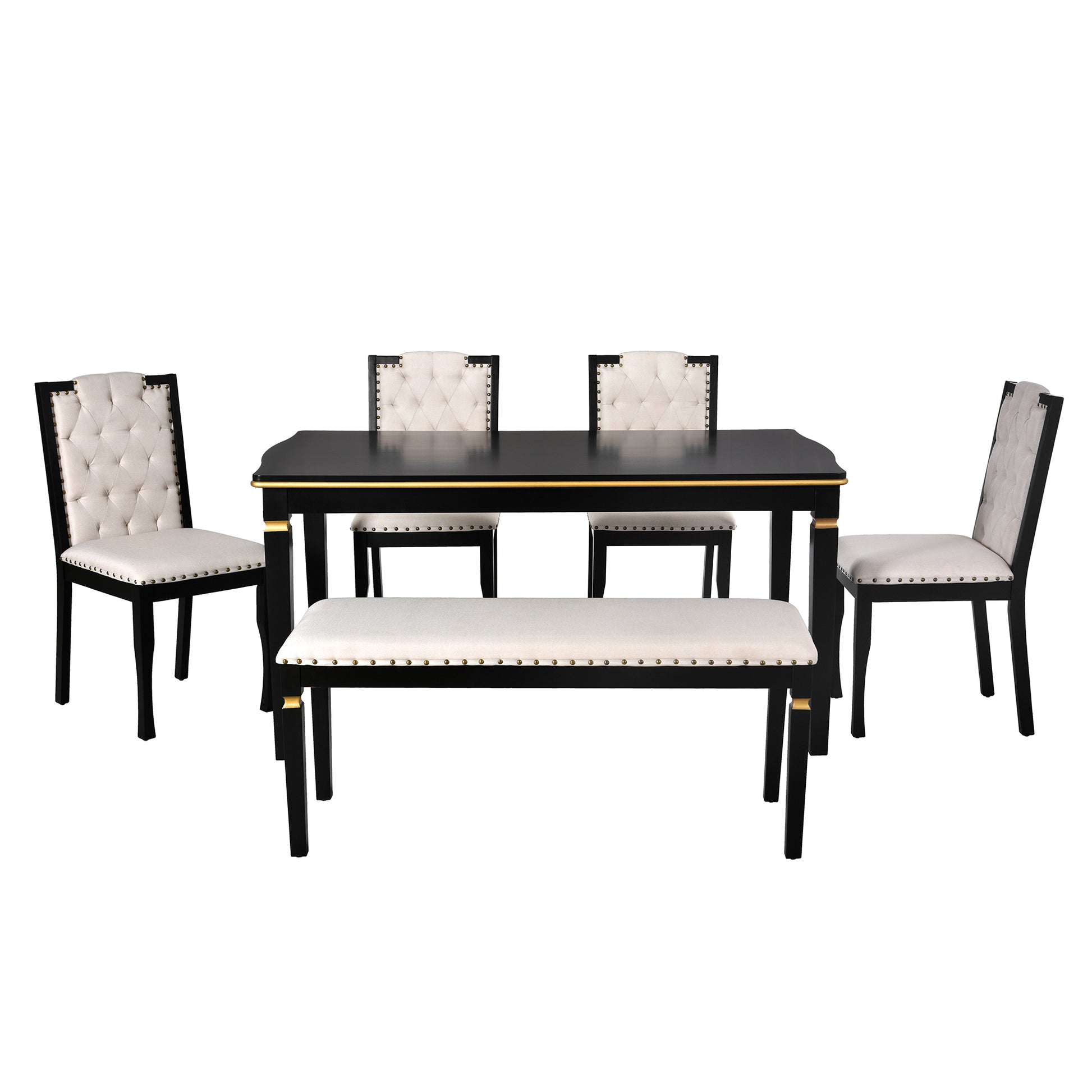 6 Piece Kitchen Dining Table Set, 60" Rectangular Table And 4 High Back Tufted Chairs & 1 Bench For Dining Room And Kitchen Black Upholstered Chair Black Seats 6 Solid Wood Classic,Modern 4 Leg