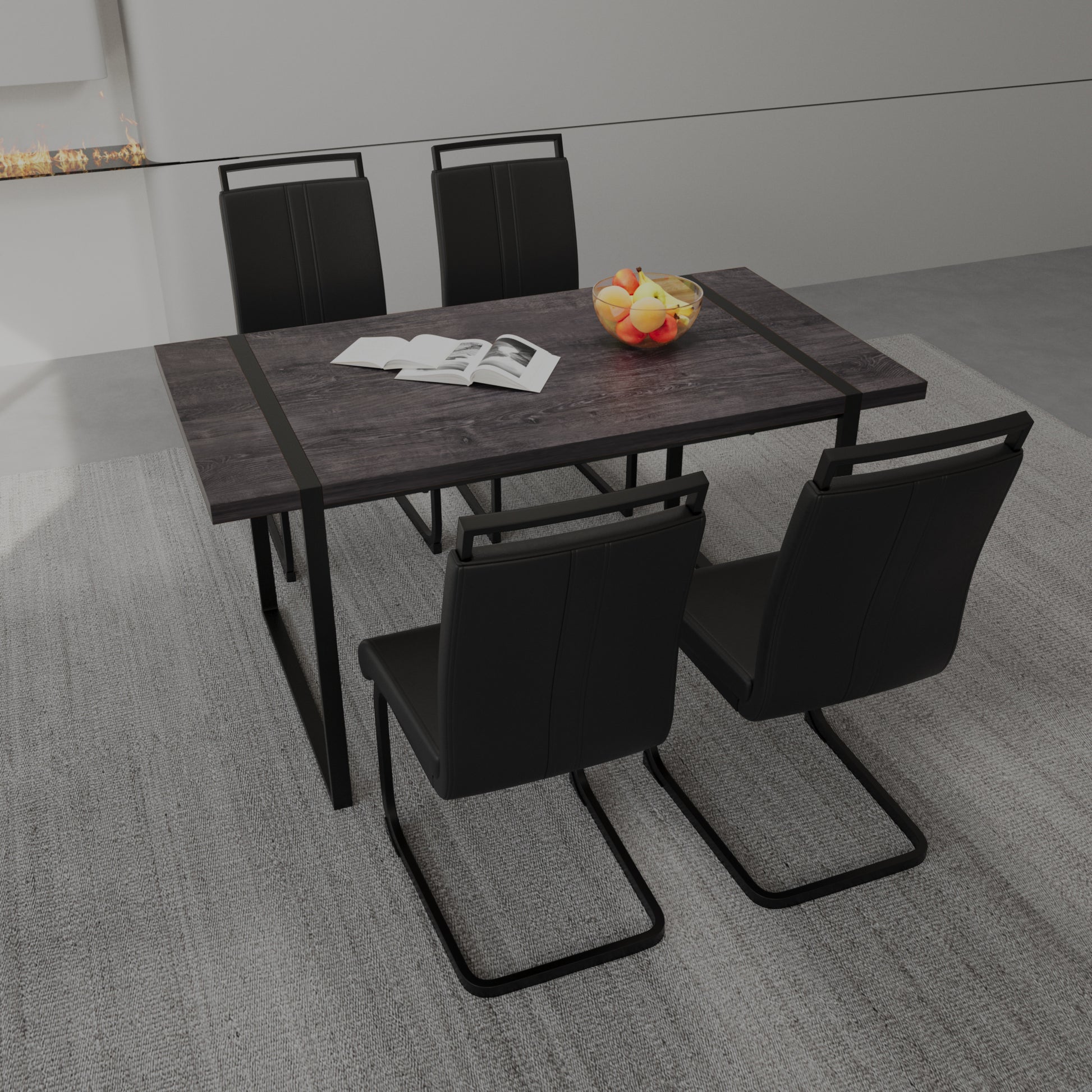 59 "Rural Industrial Rectangular Mdf Black Dining Table Set And Pu Armless Dining Chair Set, 4 Pieces. Kitchen Black Metal Table Leg Dining Chair Set Black Mdf