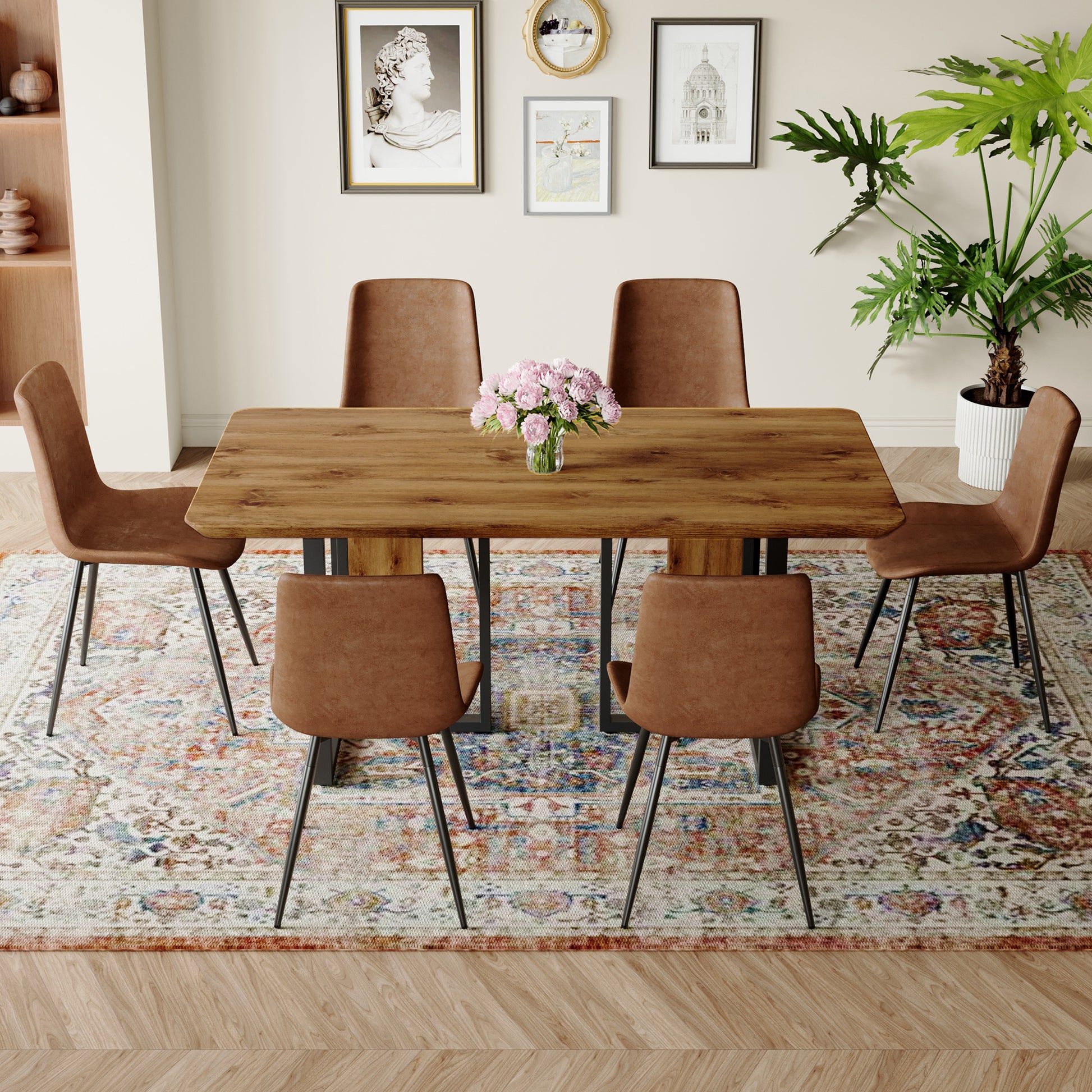 Table And Chair Set.67"X36" Wood Textured Mdf Dining Table Set With 6 Brown Suede Chairs.Mdf Sticker,Wood Colored Texture Sticker,Brown Armless Dining Chair,Suitable For Kitchen,Dining Room,Etc.