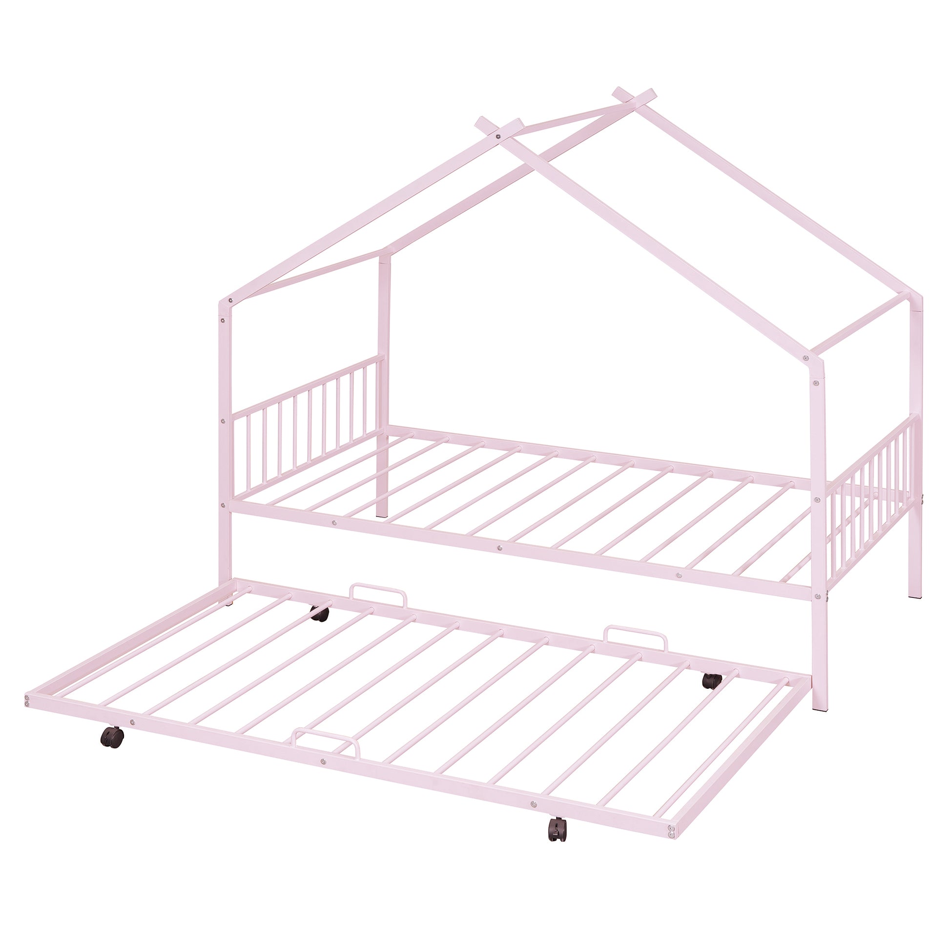 Twin Size Metal House Bed With Twin Size Trundle, Pink Twin Pink Metal