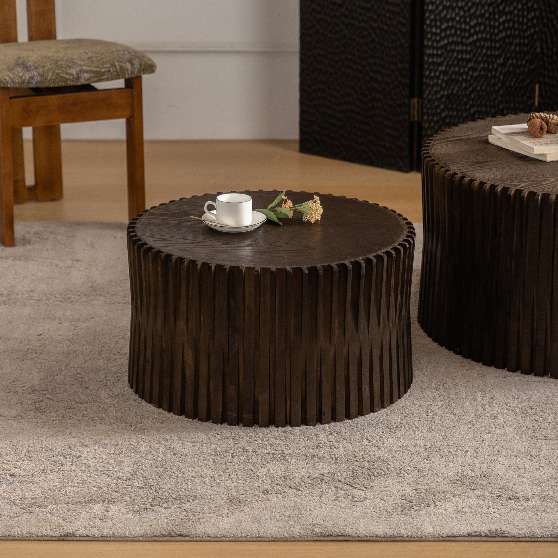 Vintage Fashion Style Cylindrical Nesting Coffee Table Set With Vertical Textured Embossed Design For Living Room, Office And Dining Room, Dark Brown Set Of 2 Dark Brown Mdf