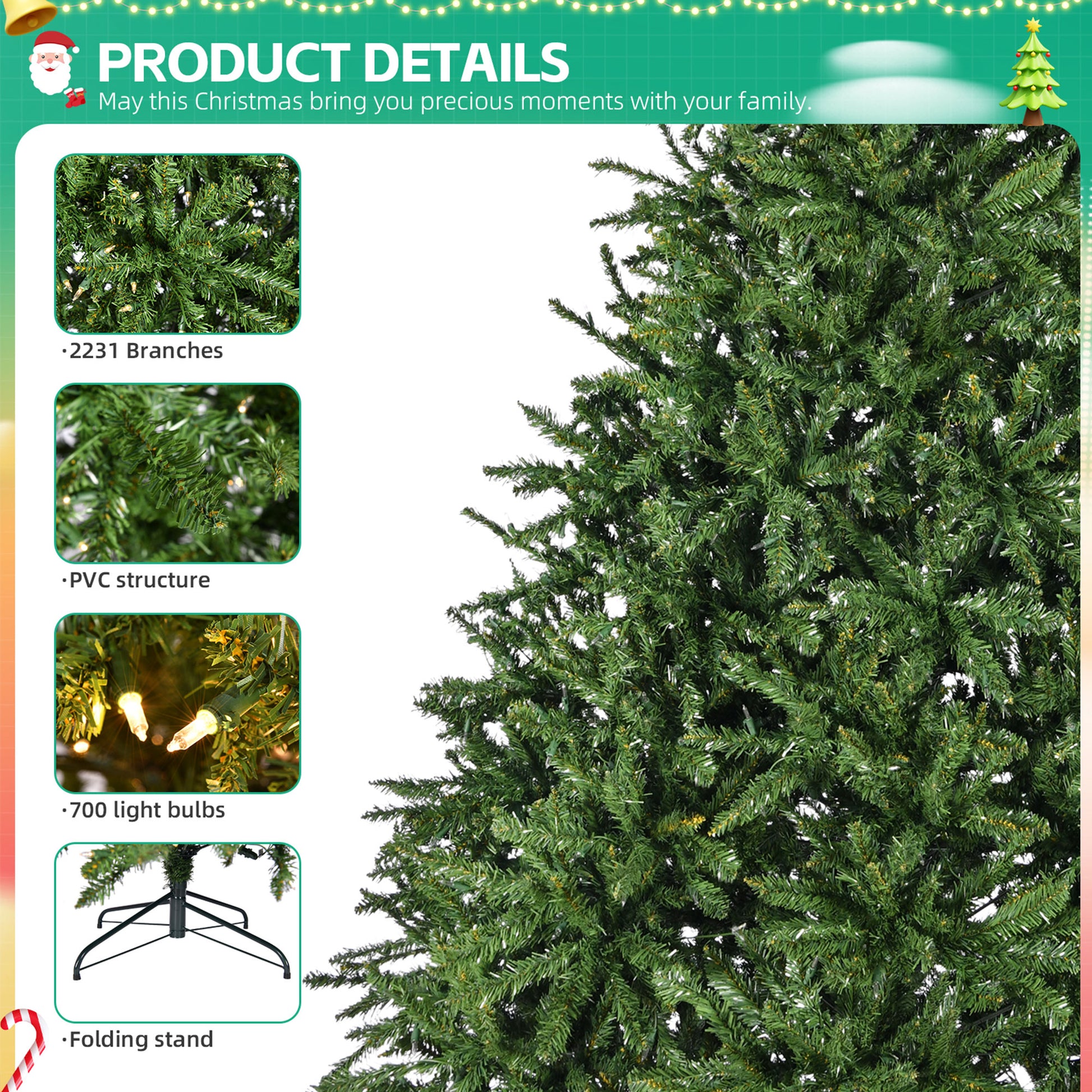 7Ft Pre Lit Artificial Holiday Christmas Tree For Home, Office,Party Decoration W 700 Warm White Lights, 2231 Branch Tips, Easy Assembly, Metal Hinges & Foldable Base Green Pvc
