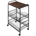 Homcom 3 Tier Rolling Kitchen Cart With Storage, Kitchen Island Cart On Wheels With 2 Sliding Fruit Basket, Microwave Cart With Side Hooks For Dining Room, Walnut Walnut Mdf Metal