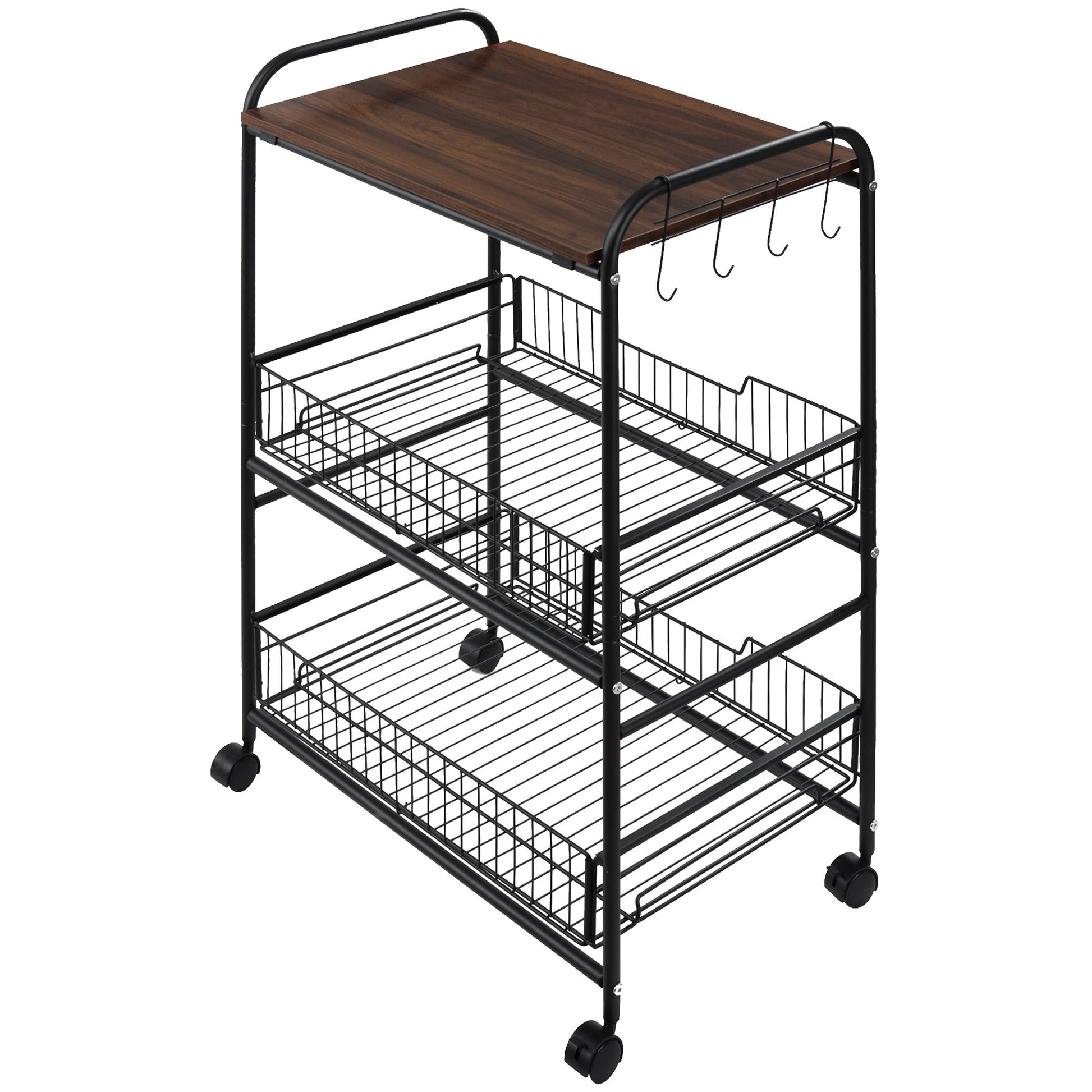 Homcom 3 Tier Rolling Kitchen Cart With Storage, Kitchen Island Cart On Wheels With 2 Sliding Fruit Basket, Microwave Cart With Side Hooks For Dining Room, Walnut Walnut Mdf Metal