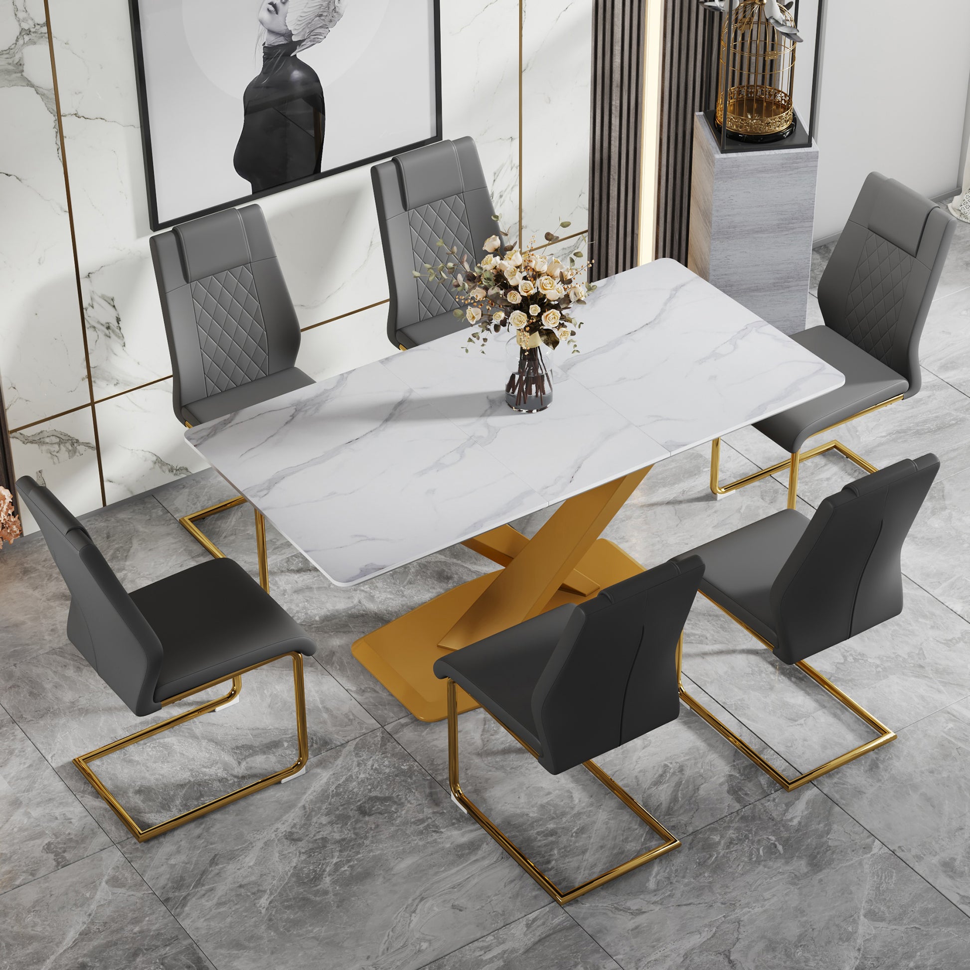 Table And Chair Set, The Table Is Equipped With A Marble Patterned Mdf Tabletop And Gold Table Legs.Dining Chairs,Gold Legged Upholstered Chairs Made Of Artificial Leather. Grey Gold Seats 6 Mdf