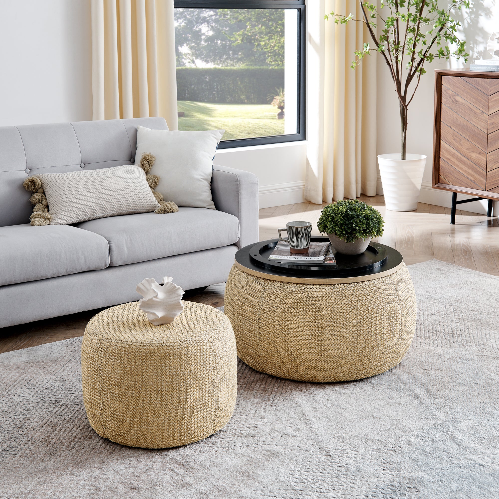 Round Storage Ottoman, Woven Rattan Fabric Ottoman, 2 In 1 Function, W