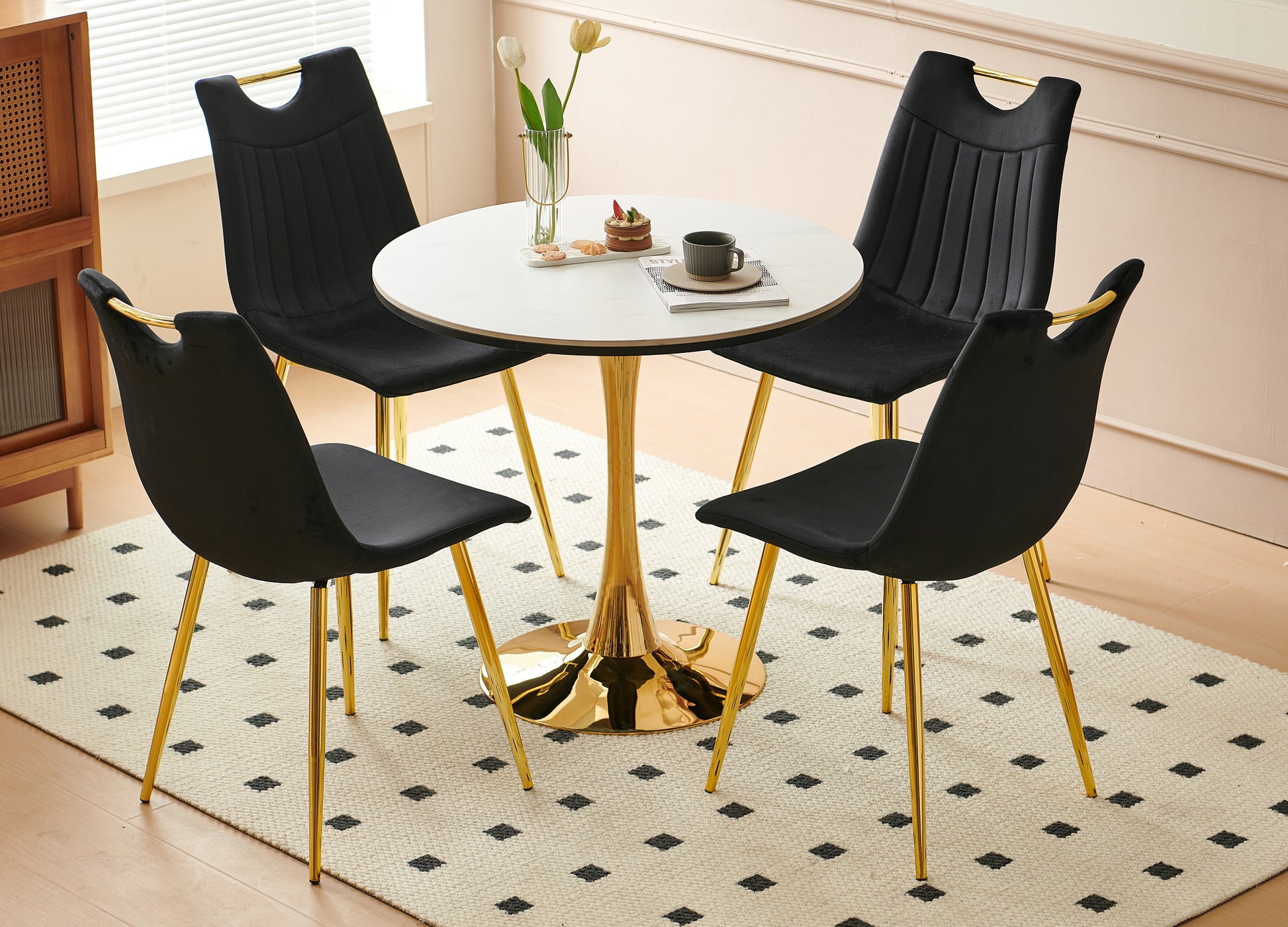 1 4,5Pieces Dining Set, Table Metal Leg Mid Century Dining Table For 4 6 People With Mdf Table Top, Pedestal Dining Table, End Table Leisure Coffee Table Gold Black Mdf Metal