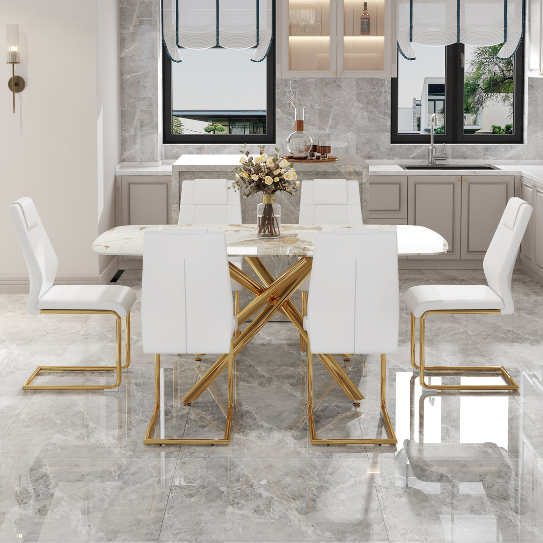 Table And Chair Set.Modern Luxurious Tempered Glass Dining Table Set With Gold Metal Legs And 6 Pu Chairs.White Marble Patterned Sticker Tabletop,White Chairs With Gold Metal Legs. White Gold Seats