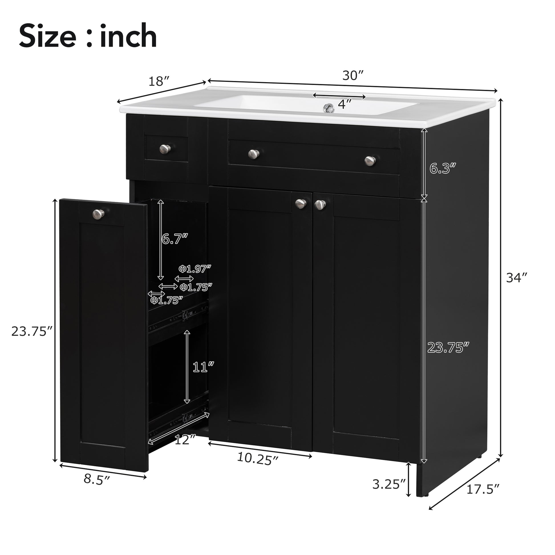 30 Inch Black Bathroom Vanity With Ceramic Sink Combo, Abundant Storage Cabinet 2 Soft Close Doors And Double Tier Deep Drawer Black Bathroom Mdf