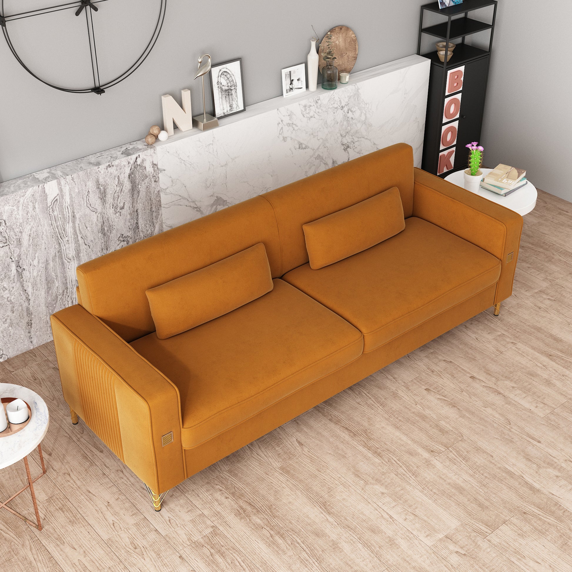 Fx P18 Or Sofa Luxury Velvet Sofa With Gold Accents Modern 3 Seat Couch With Plush Cushions, Perfect For Living Room And Office Decor Orange Velvet 3 Seat