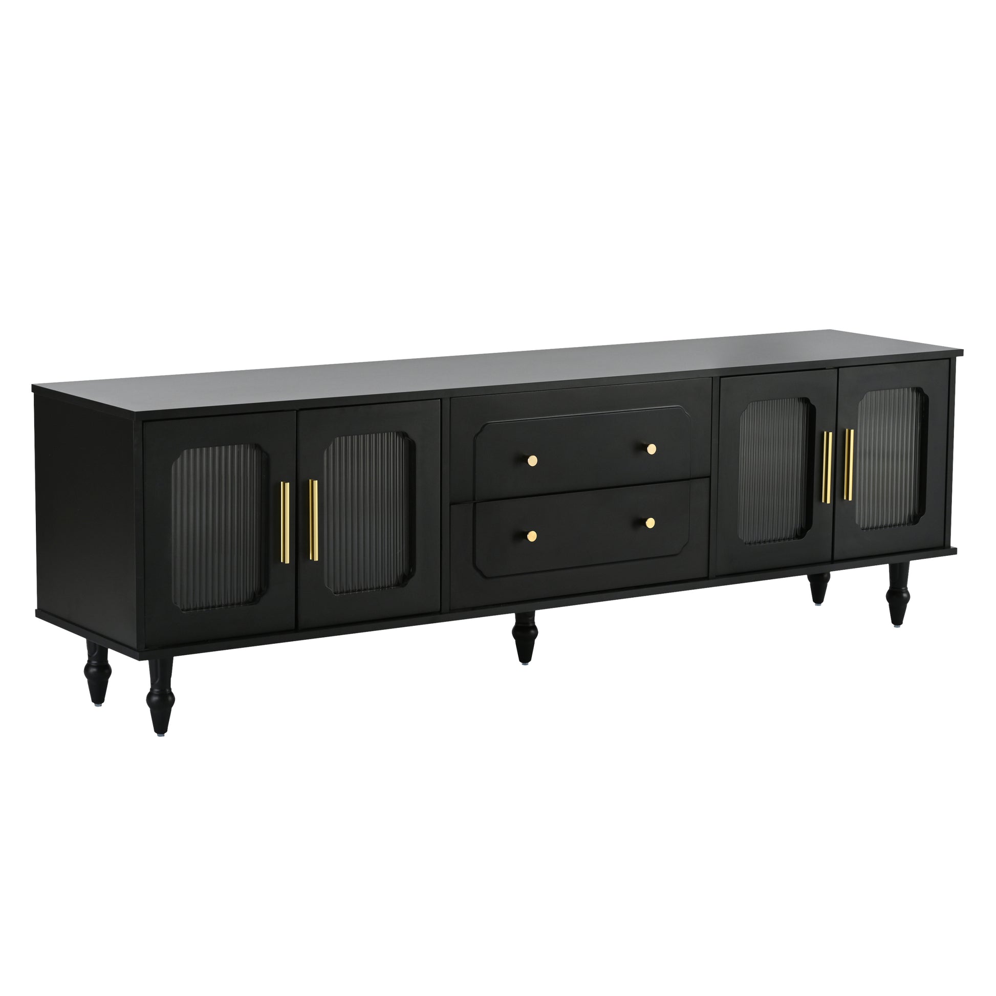 Retro Design Tv Stand With Fluted Glass Doors For Tvs Up To 78'', Practical Media Console With 2 Drawers And Cabinets, Elegant Entertainment Center For Living Room, Black Black Primary Living Space 70 79 Inches 70 79 Inches Particle Board