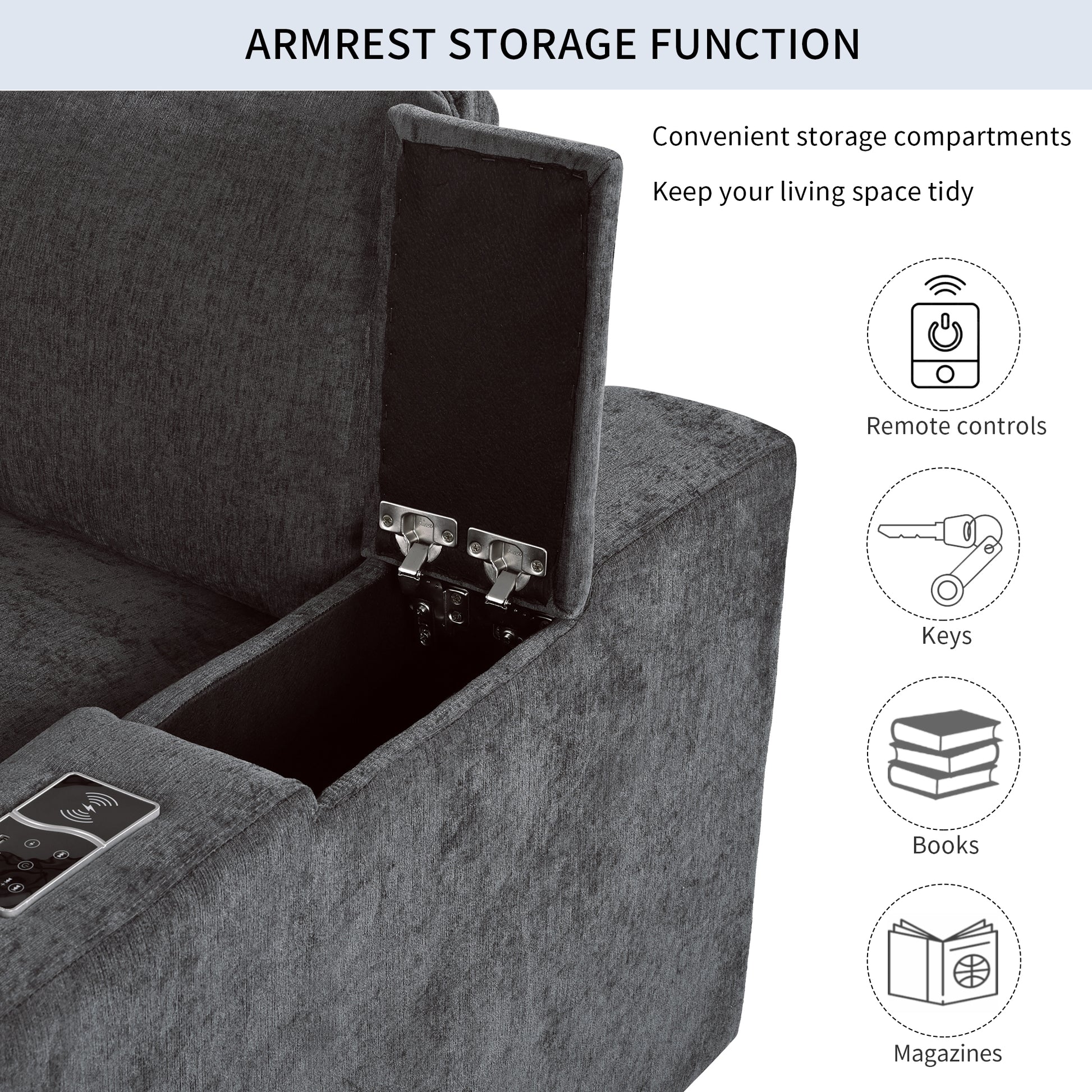 Upholstered Modular Sofa With With Storage Space, Usb Charge Ports,Wireless Charging And Built In Bluetooth Speaker In Arm,Sectional Sofa For Living Room Apartment. Old Sku:Wy000317Aae Gray