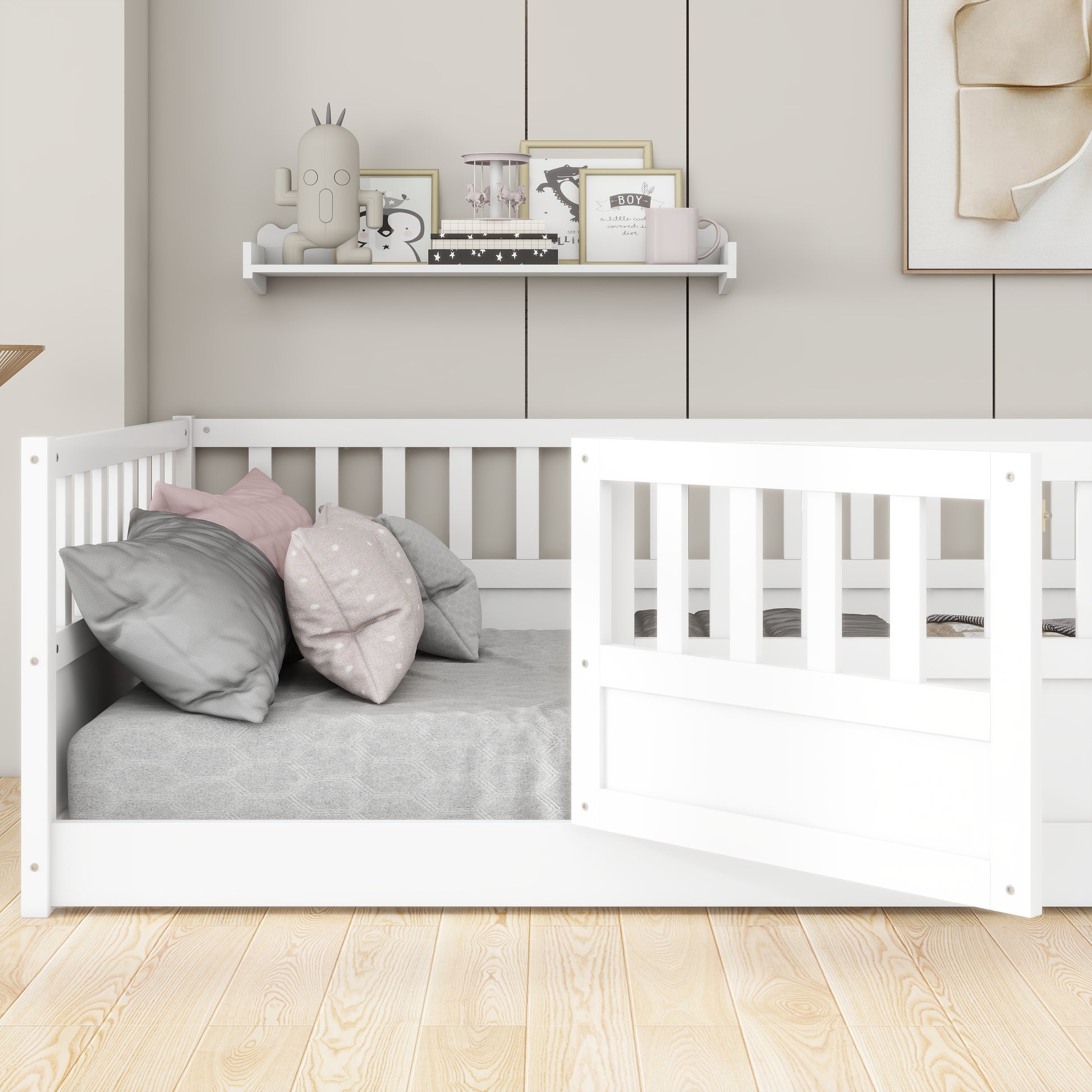 Full Size Floor Bed, Integral Construction With Super High Security Barrier, Door, Children'S Floor Bed Frame, Montessori Wooden Children'S Floor Bed, Support Slat White Box Spring Required Full