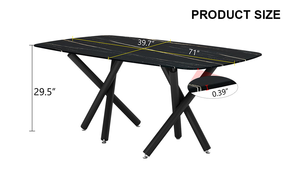 Large Modern Minimalist Rectangular Dining Table With 0.39 "Imitation Marble Black Tabletop And Black Metal Legs, Suitable For Kitchen, Dining Room, Living Room, Conference Room, And Banquet Hall