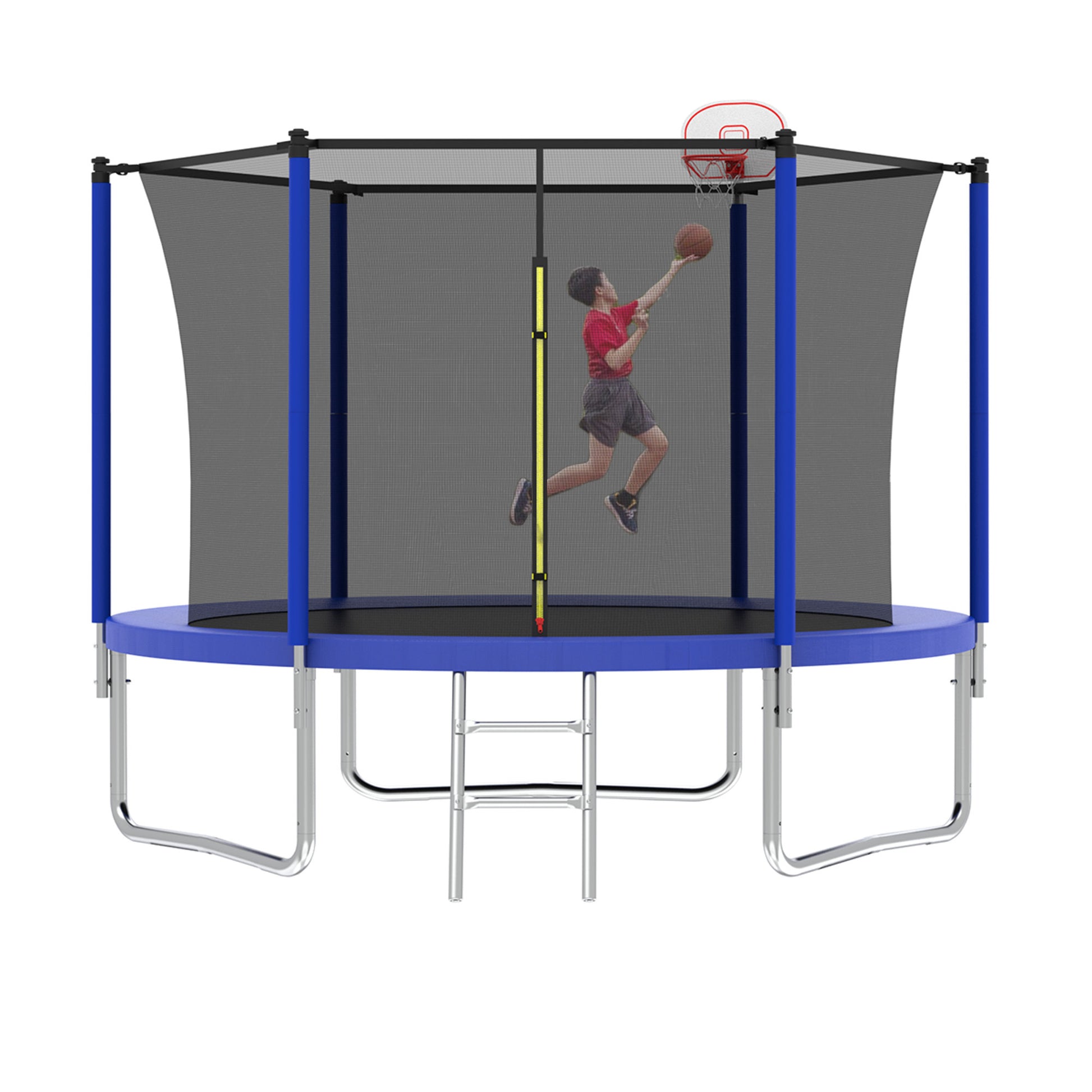 10Ft Trampoline For Kids, Basketball Hoop And Ladder, Outdoor Kids Trampoline With Safety Enclosure,Fast Assembly For Backyard Fun,Astm Approved Blue Metal