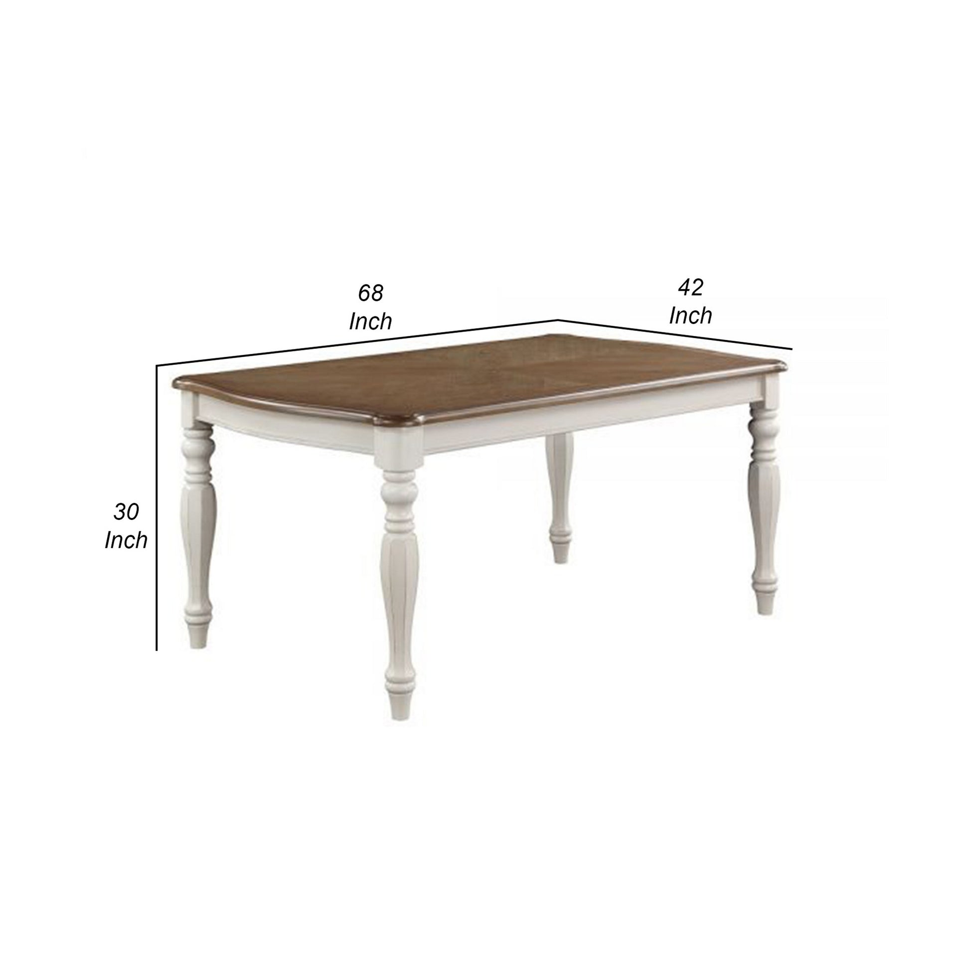 Fil 68 Inch Dining Table, Rustic Brown Rubberwood, White Turned Legs Brown White Wood Fabric