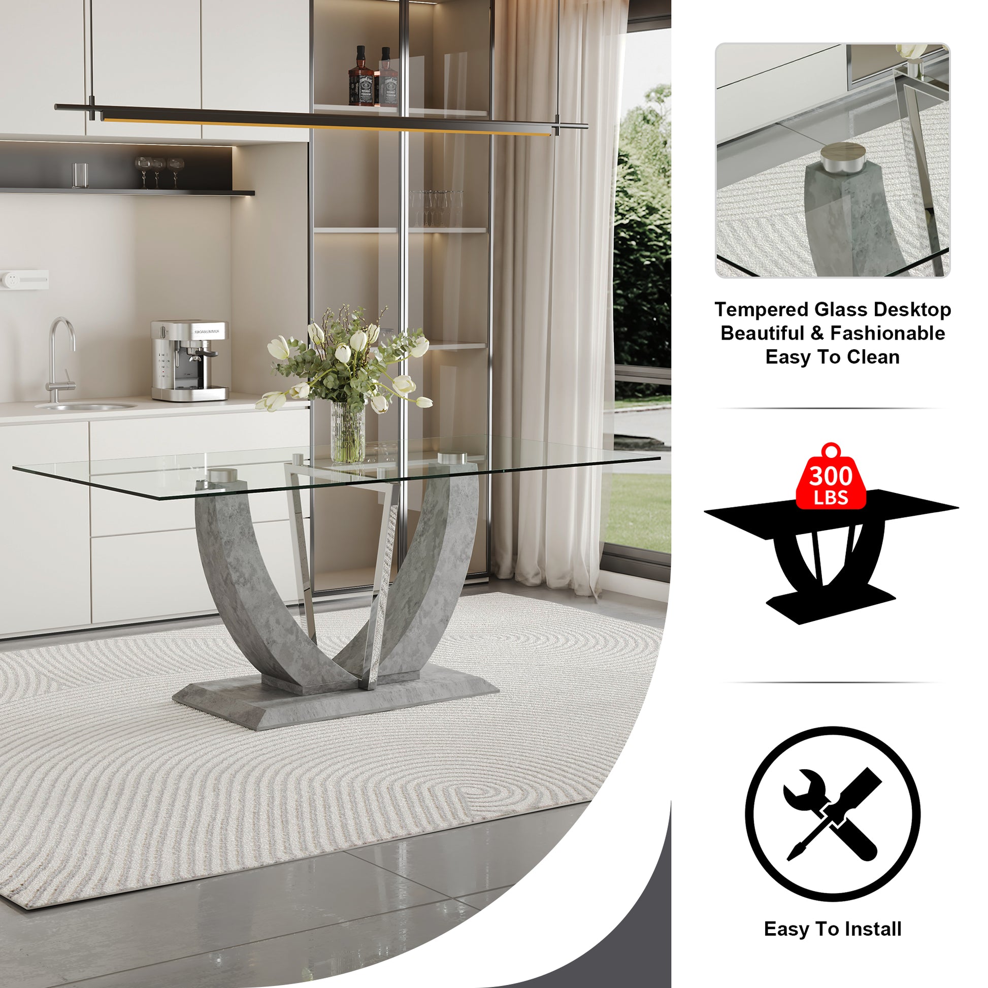 Table And Chair Set, Large Modern Rectangular Glass Table, Can Accommodate 6 8 People, Equipped With A 0.39 Inch Tempered Glass Tabletop And Large Mdf Table Legs, Comfortable And Soft Chairs. Transparent Glass