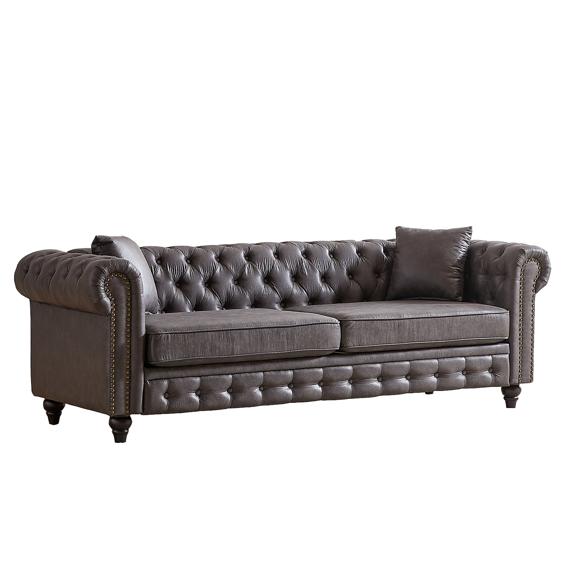 Fx 85.5"Living Room With Tech Fabric Chesterfield Sofa With Rolled Arms 3 Seater Sofa With Button Design And 2 Cushions For Apartment, Office, Living Room Grey Wood Primary Living Space Pine Foam Fabric 3 Seat