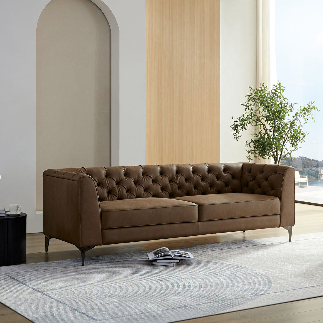 Wks5B Brown Leather Sofa With Iron Feet, Retro Design Brown Leather 3 Seat