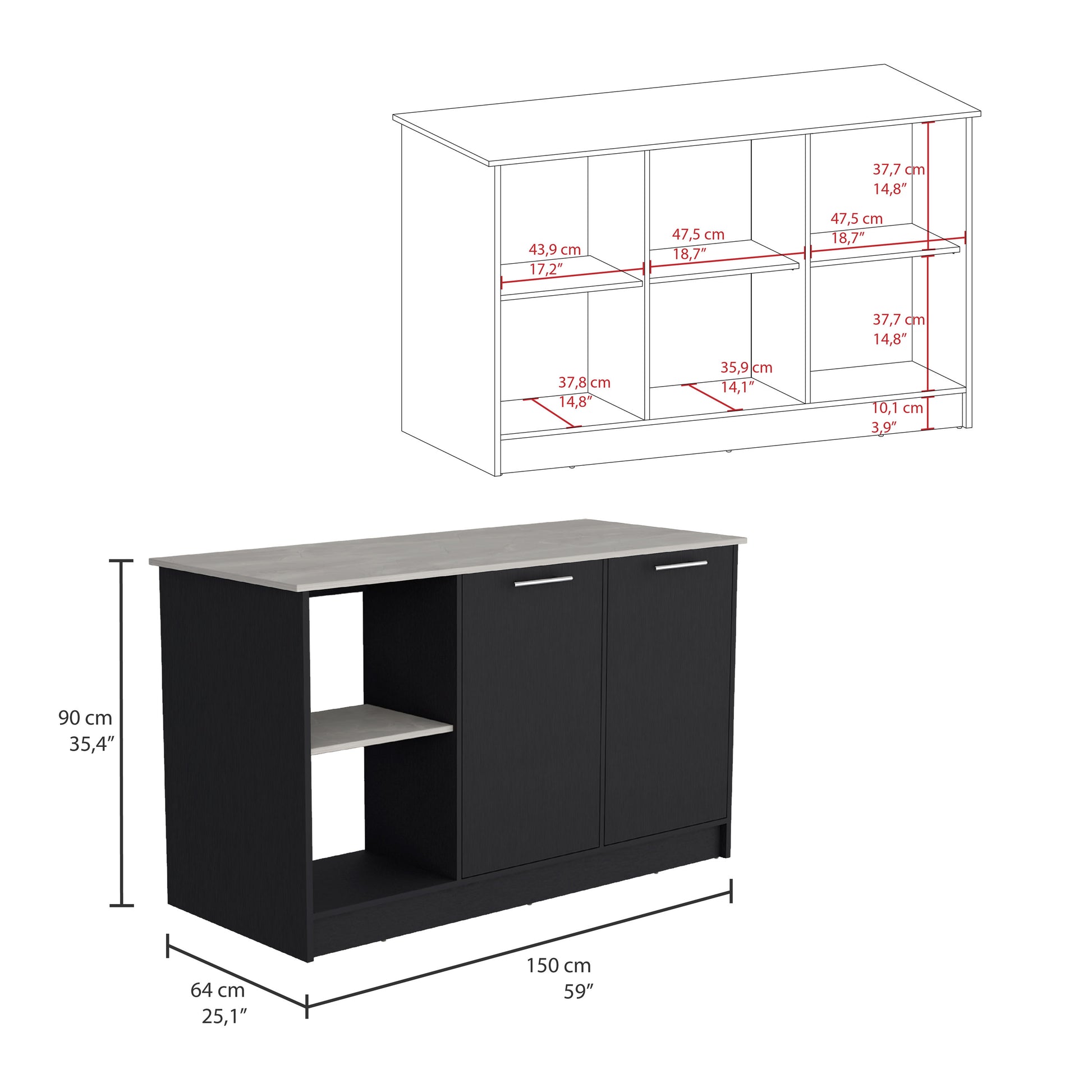 Juniper Kitchen Island With Large Top Surface, Double Door Cabinet, And Open Shelves Black Ibiza Marble Black Ivory Dining Room Modern Rectangular Stationary Kitchen Islands Particle Board Medium 40