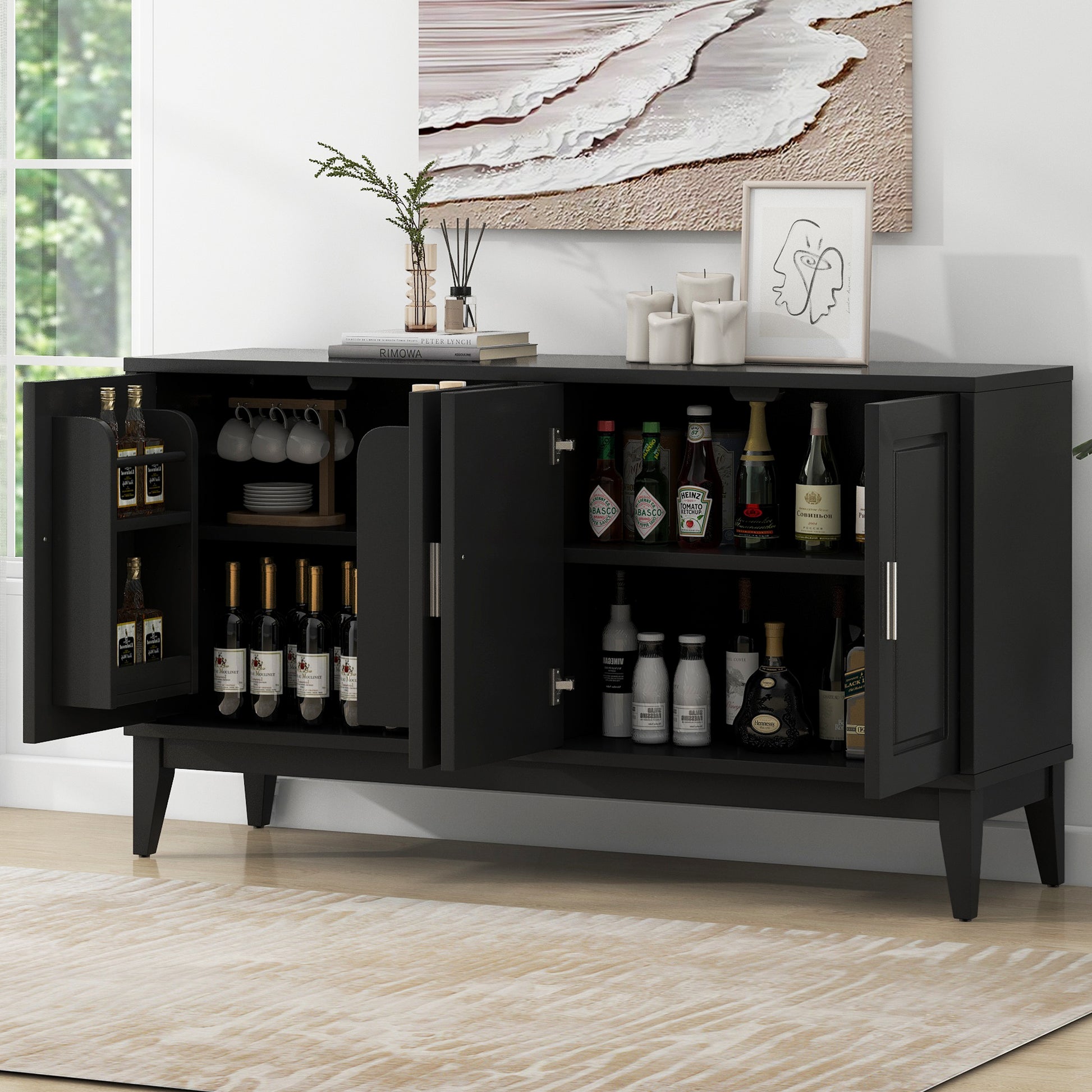 4 Door Sideboard Storage Cabinet With Door Shelf For Living Room And Dining Room, Two Large Cabinets With Adjustable Shelf, Black Black Rubberwood Solid Wood Mdf