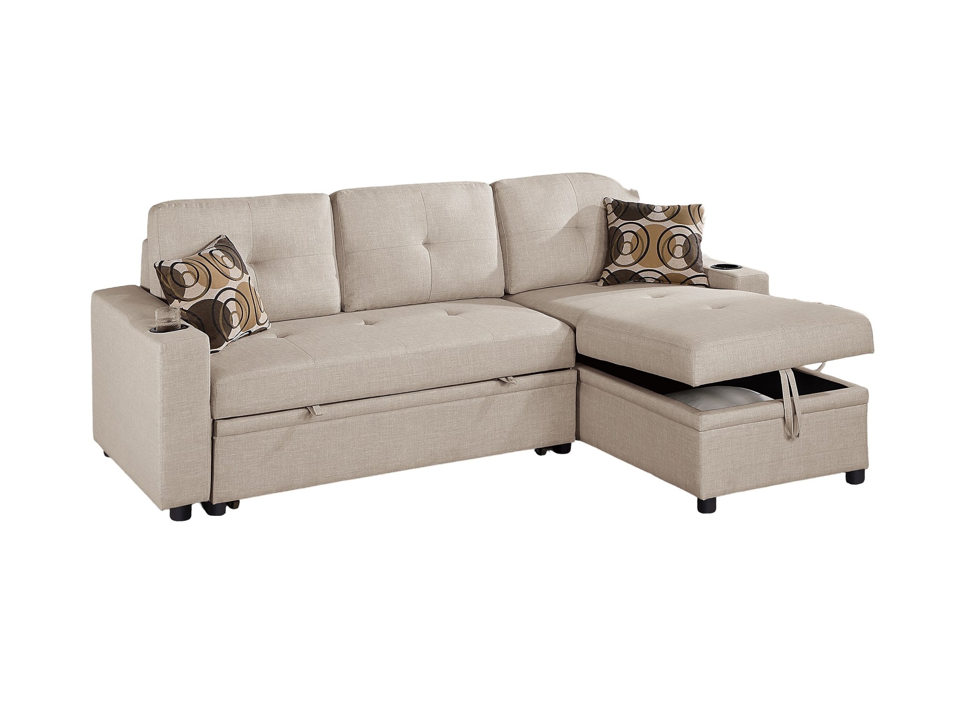 Beige Dorris Fabric Convertible Sectional Sofa Pull Out Bed Couch Storage Chaise Cup Holders 2Pc Sectional Living Room Beige Primary Living Space Tufted Back Contemporary,Modern L Shaped Square Arms Plywood 4 Seat