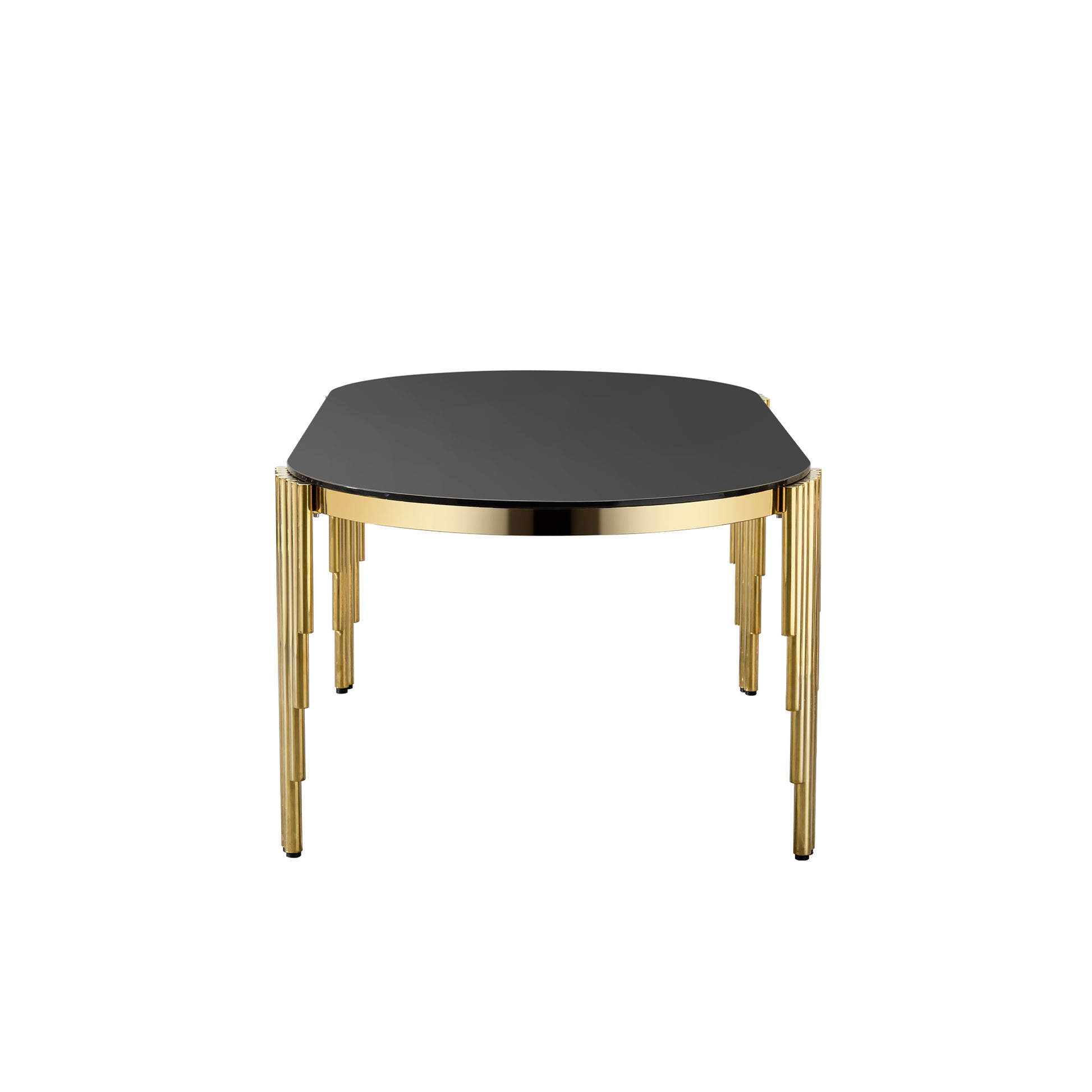 79.53" Black Glass Top Oval Dining Table With Gold Stainless Steel Base For 8 Seats Gold Black Seats 8 Dining Room Contemporary Oval Kitchen & Dining Tables Oval Stainless Steel