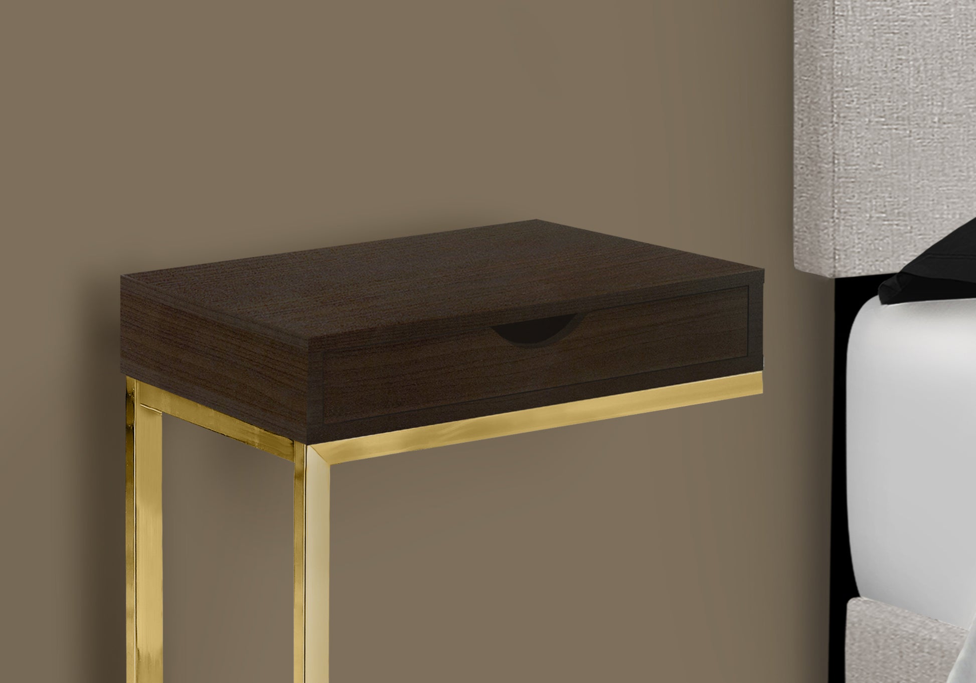 Accent Table, C Shaped, End, Side, Snack, Storage Drawer, Living Room, Bedroom, Brown Laminate, Gold Metal, Contemporary, Modern Espresso Particle Board