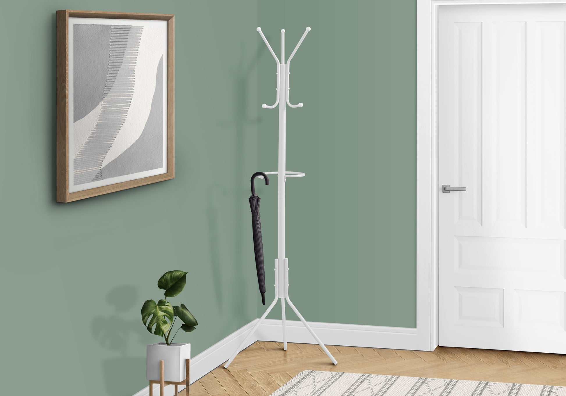 Coat Rack, Hall Tree, Free Standing, Hanging Bar, 6 Hooks, Entryway, 68"H, Bedroom, White Metal, Contemporary, Modern White Metal