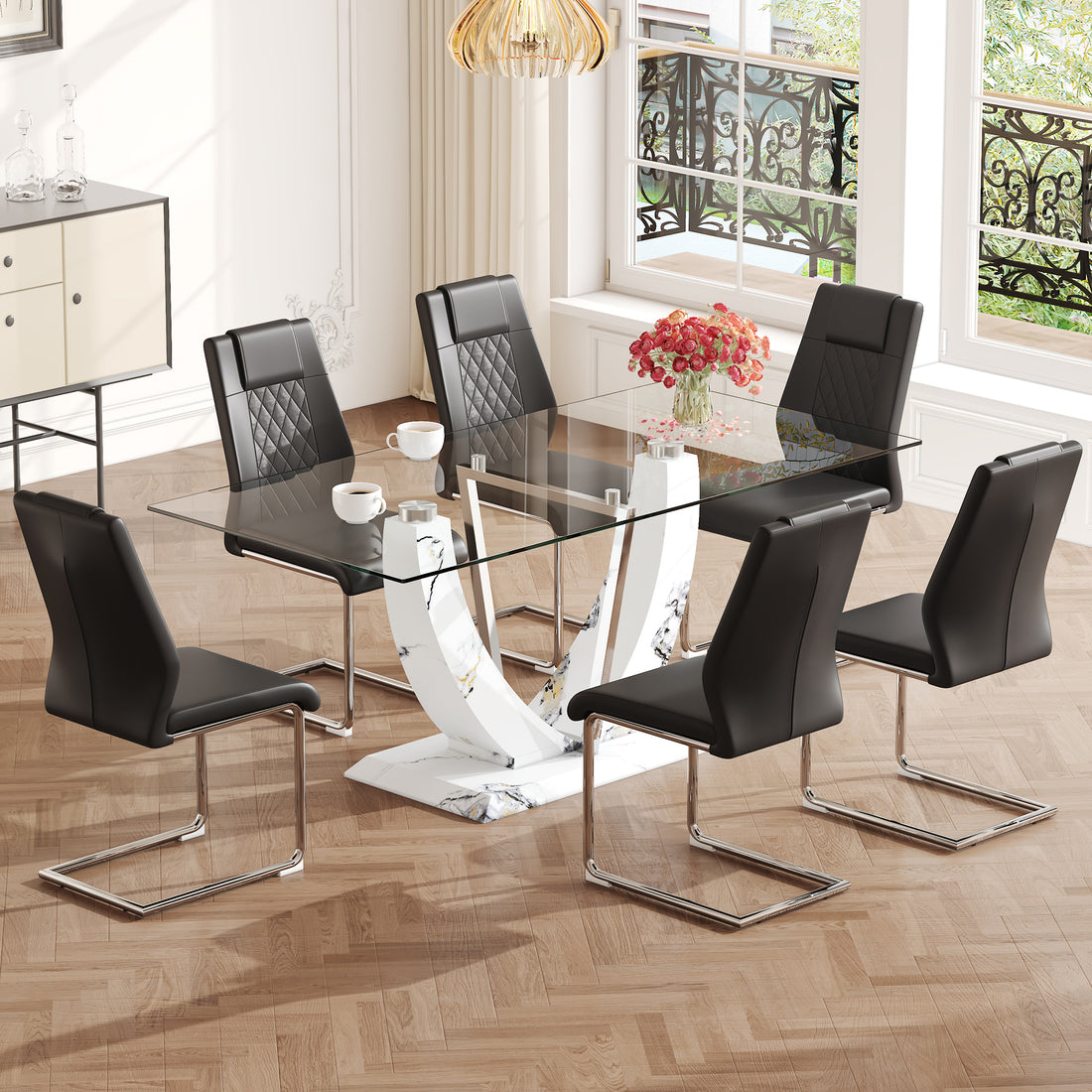 Table And Chair Set, Large Modern Rectangular Glass Table, Can Accommodate 6 8 People, Equipped With A 0.39 Inch Tempered Glass Tabletop And Mdf Table Legs.Paired With Comfortable And Soft Chairs. Black Mdf Glass