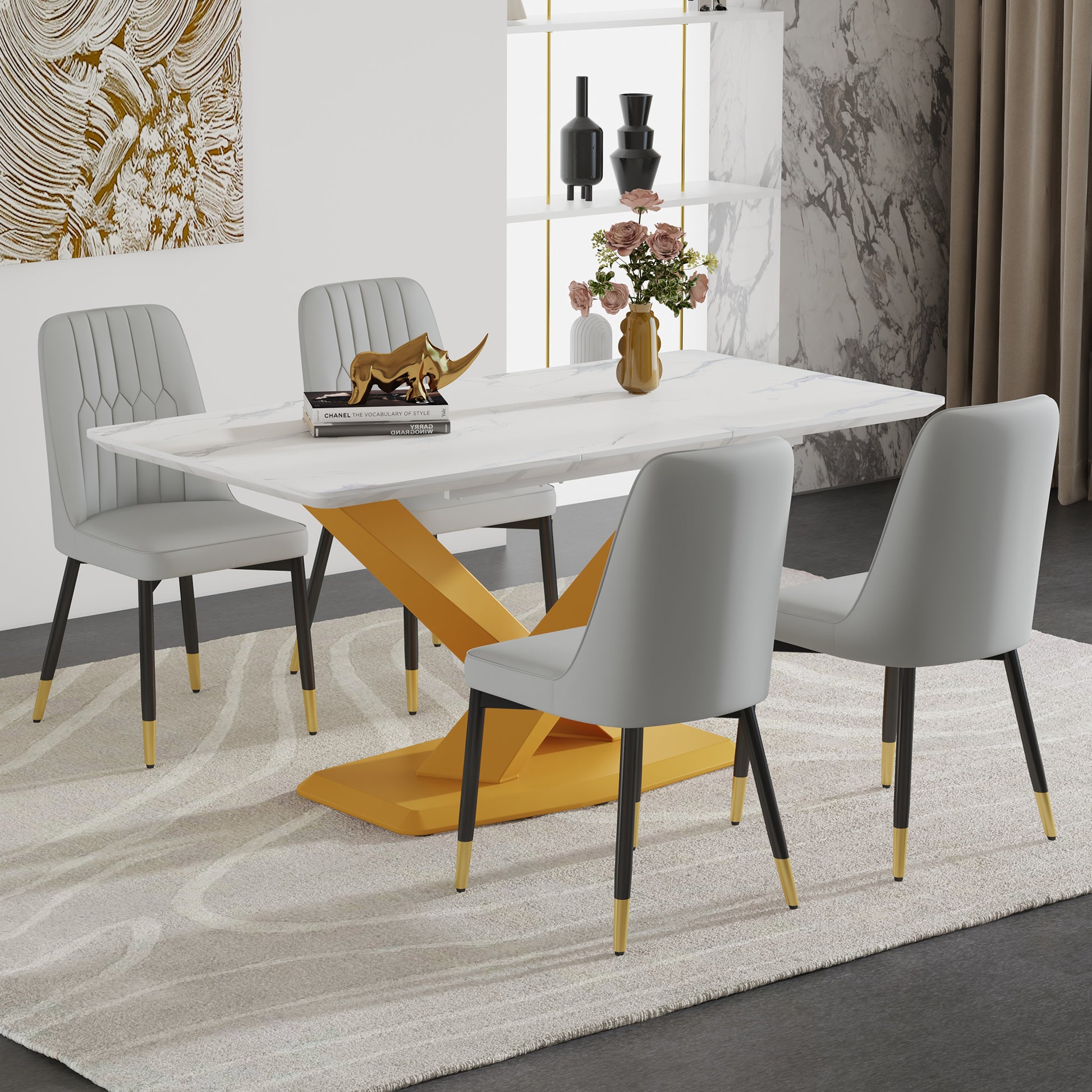 Table And Chair Set.The Table Is Equipped With A Marble Patterned Mdf Tabletop And Gold Table Legs.Paired With 4 Light Gray Chairs With Pu Cushions And Black Metal Legs. Gold,Light Gray Seats 4 Mdf