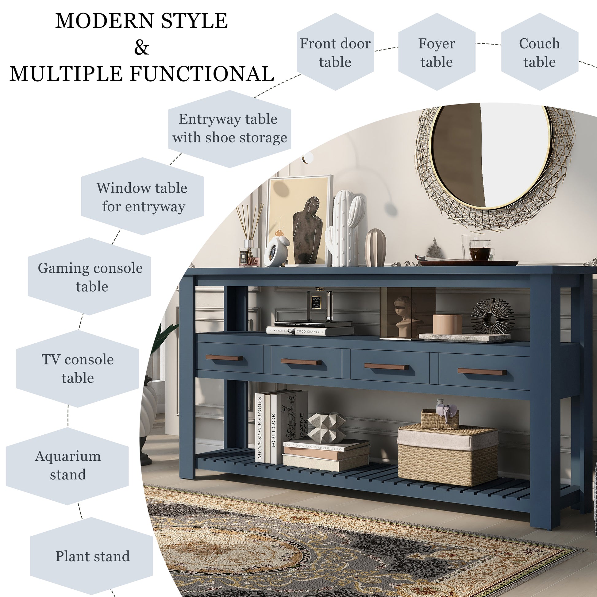 62.2'' Modern Console Table Sofa Table For Living Room With 4 Drawers And 2 Shelves Navy Blue Solid Wood Mdf