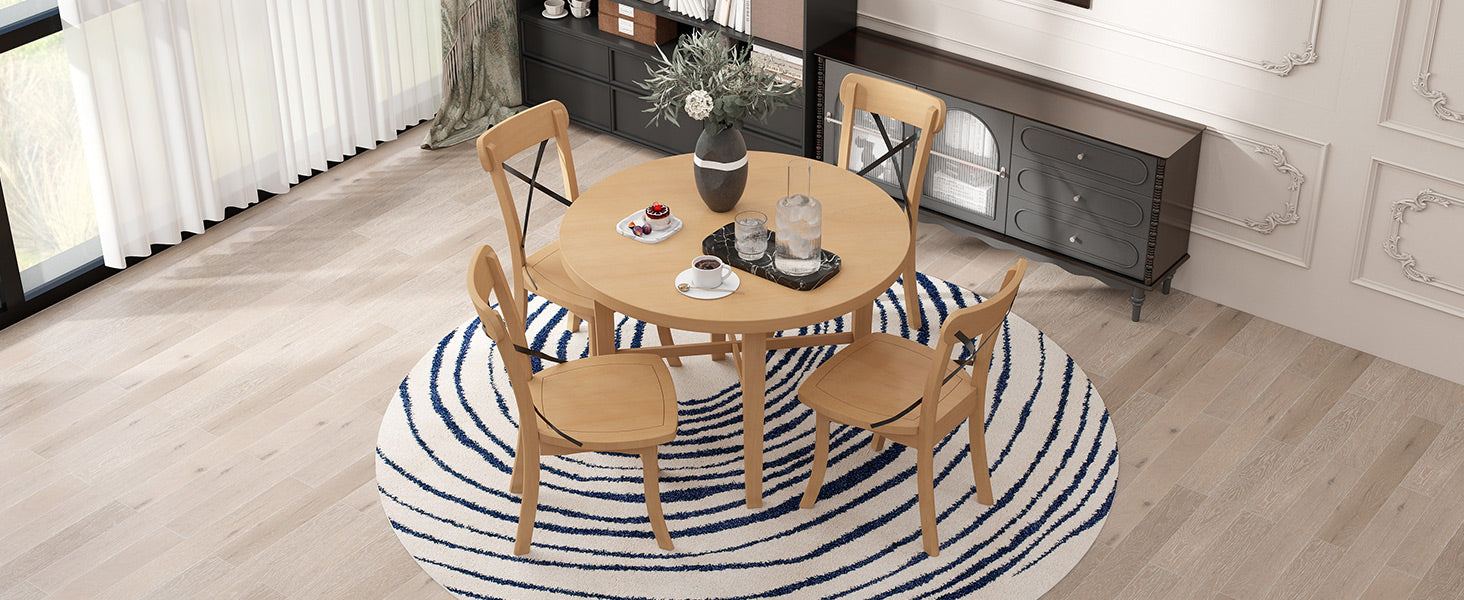 5 Piece Dining Set, Retro Simple Round Table And 4 Chairs With X Shaped Backrest For Kitchen, Dining Room And Living Room Natural Natural Rubber Wood