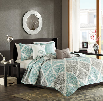 6 Piece Printed Quilt Set With Throw Pillows Aqua Full Queen Full Aqua Cotton