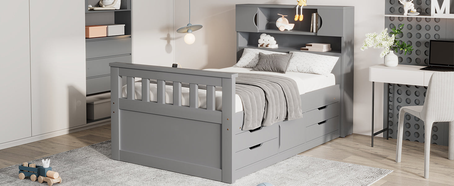 Twin Size Captain Platform Bed Frame With Storage Bookcases And Shelves,Four Drawers, Gray Twin Gray Solid Wood Mdf