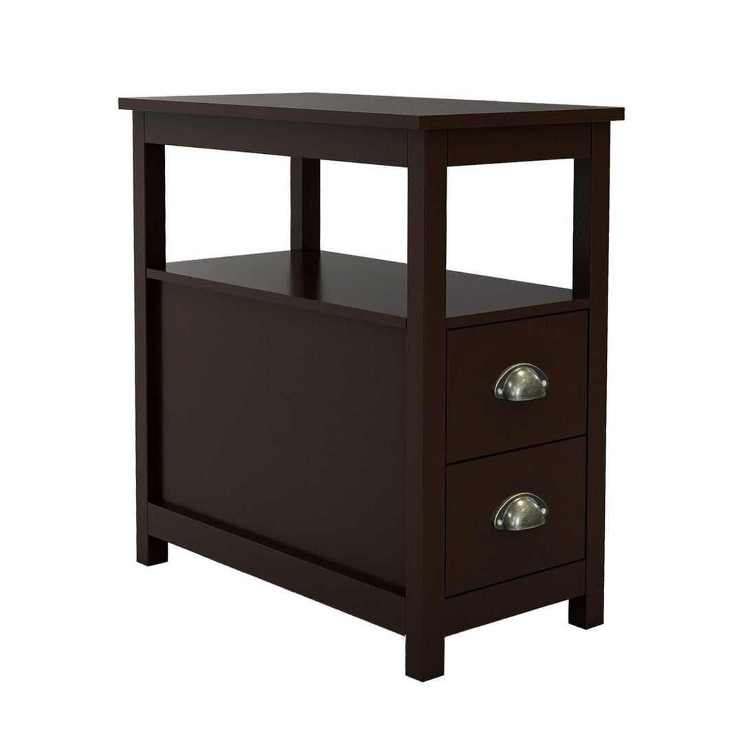 24 Inch Wood Nightstand With 2 Drawers, 1 Shelf, Metal Cup Handles, Brown Brown Mdf Metal