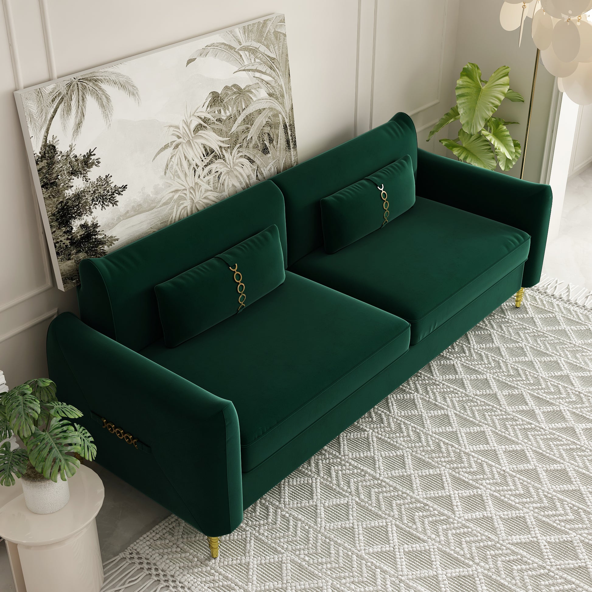 Fx P19 Rg Sofa 85.8Inch Velvet Sofa Couch Luxury Modern Upholstered Sofa With 2 Pillows For Livingroom Retro Green Velvet 2 Seat