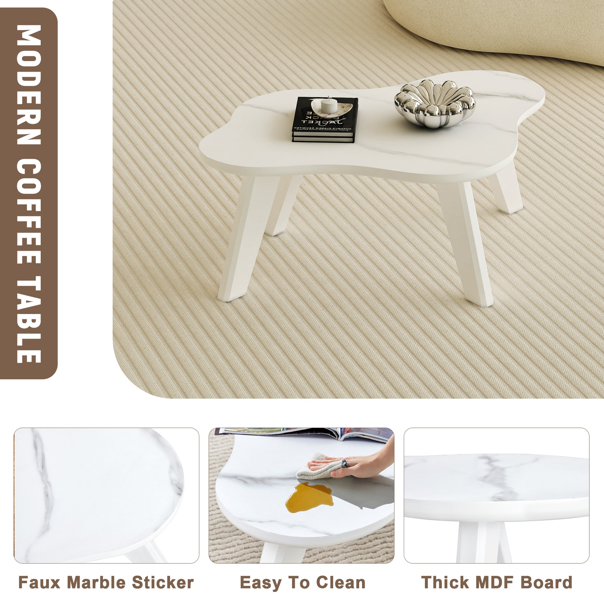 Modern Minimalist Wood Color Table Top. Solid Wood Legs, Cloud Shape To Give You A Experience, Computer Desk. The Game Table. Suitable For Dining And Living Rooms. White Mdf