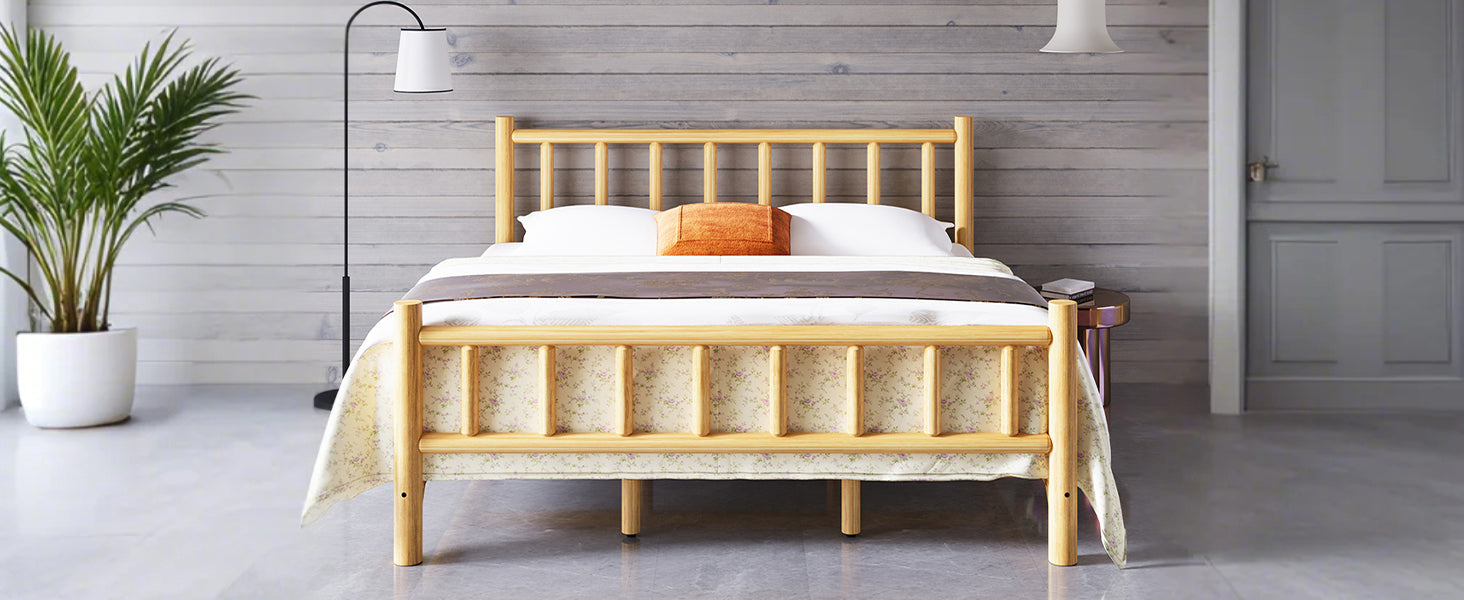 Farmhouse Log Bed Frame King Rustic Style Pure Solid Pine Cylinder Construction Bed Fits Mattresses And Box Springs, Natural Finish King Natural Pine