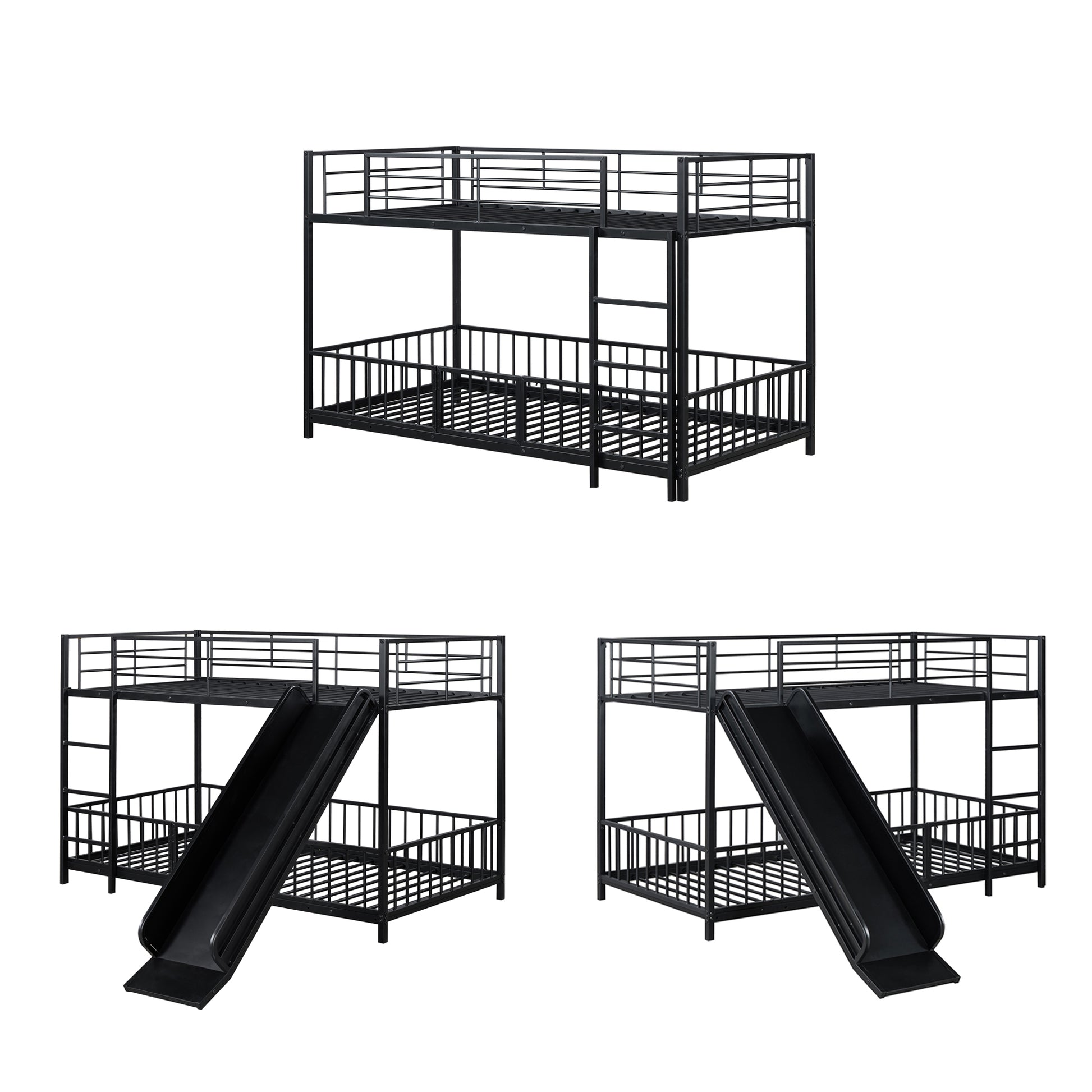 Twin Over Twin Size Metal Bunk Bed With Slide And Guardrails, Black Twin Black Metal