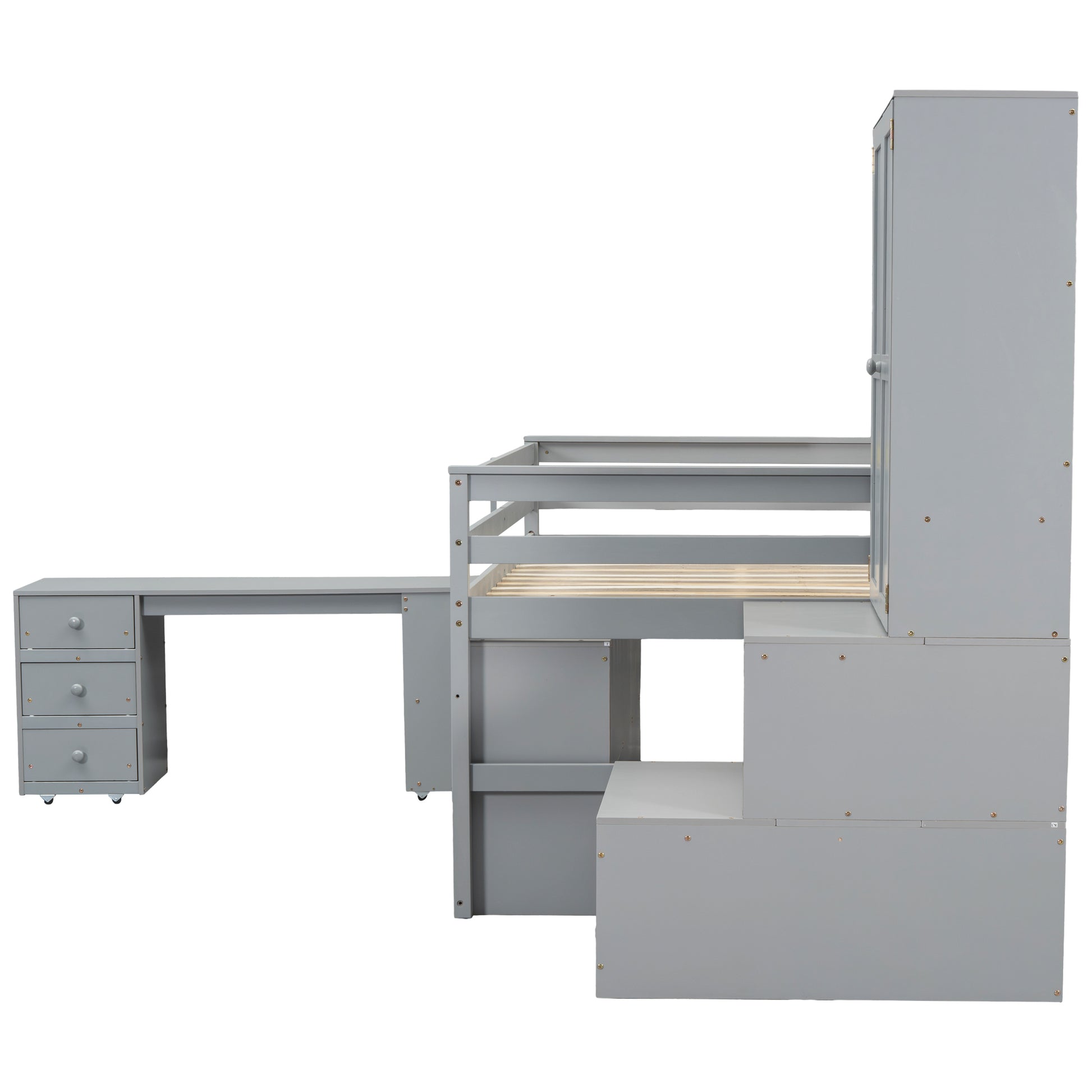 Full Size Wooden Loft Bed Big Storage With Under Bed Desk, With Drawers, With Shelves, Gray Full Gray Plywood