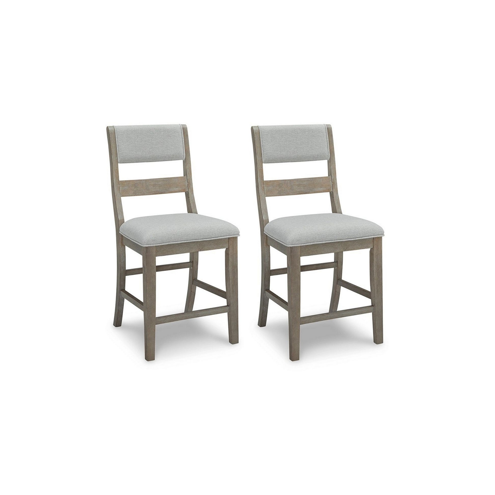 24 Inch Counter Height Barstools, Set Of 2, Upholstered Cushioning, Bisque Grey Brown Wood Fabric