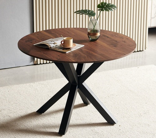 42.1"Black And Wood Color Table Mid Century Dining Table For 4 6 People With Round Mdf Table Top, Pedestal Dining Table, End Table Leisure Coffee Table,Cross Leg Matte Black Natural Kitchen & Dining Tables Mdf